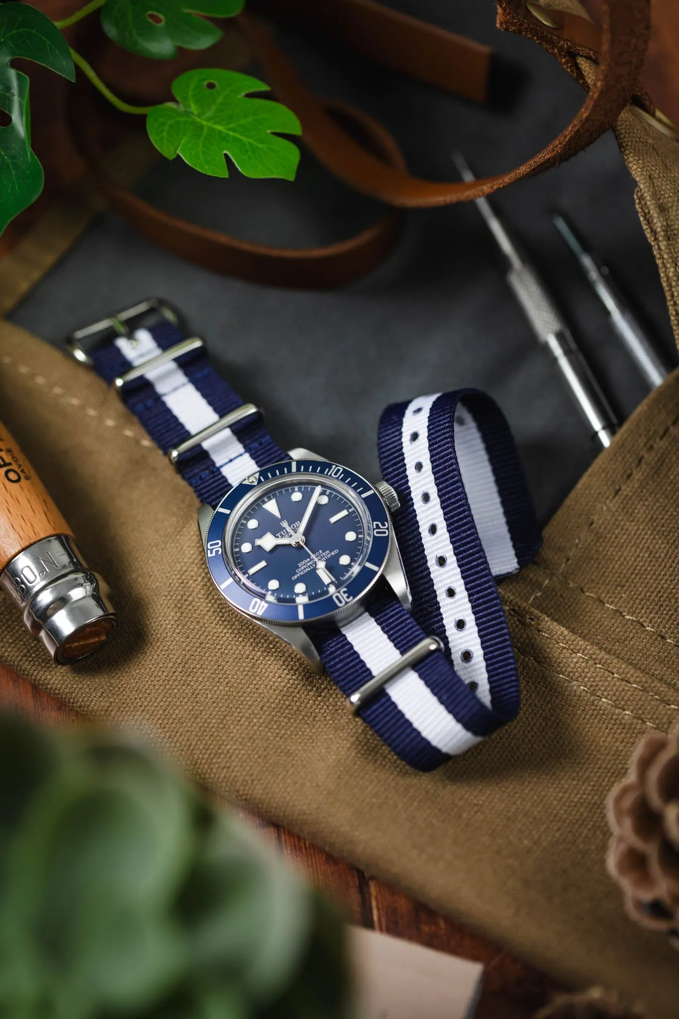 Nylon Watch Strap in DARK BLUE with WHITE Stripe