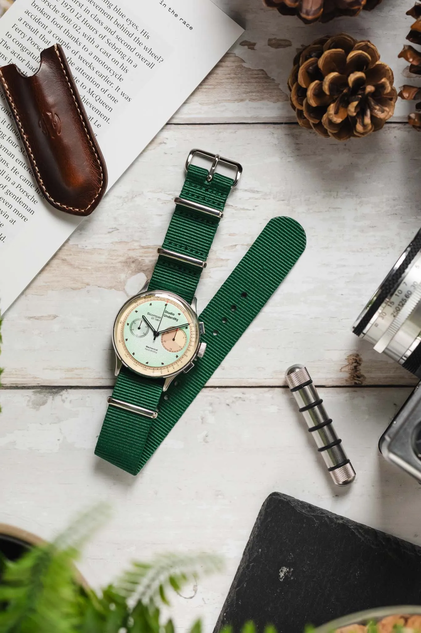 Nylon Watch Strap in EMERALD GREEN with Polished Buckle and Keepers