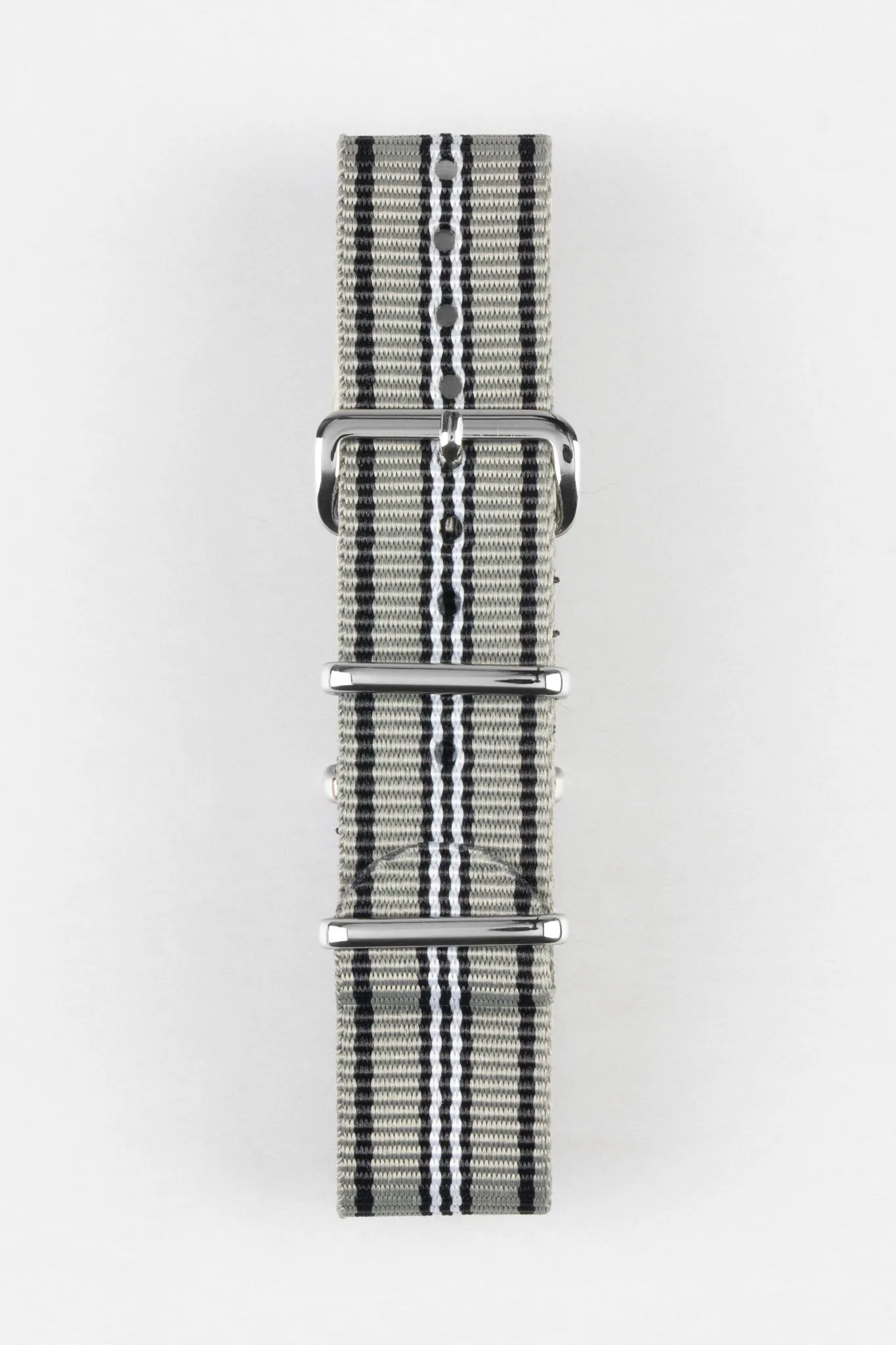 Nylon Watch Strap in GREY/BLACK/WHITE with Polished Buckle and Keepers