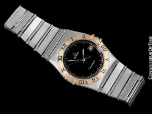 Omega Constellation Mens 35mm Watch, Quartz, Date, Black Dial - Brushed Stainless Steel & 18K Gold
