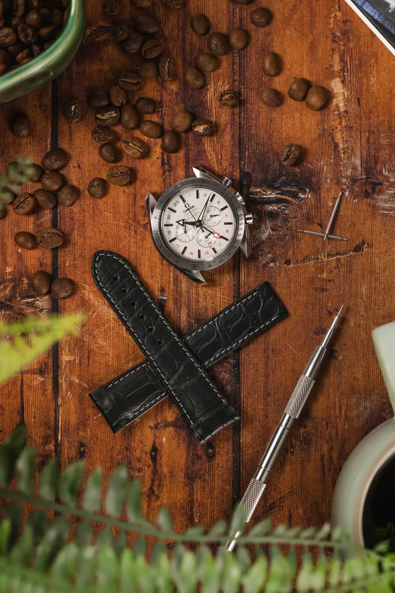 OMEGA CUZ005873 Speedmaster Moonphase 21mm Short Genuine Alligator Deployment Watch Strap in BLACK