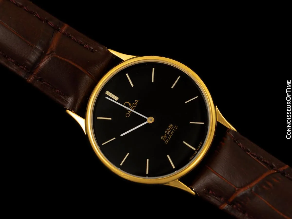 Omega De Ville Vintage Mens Midsize Thin Quartz Dress Watch with Black Dial - 18K Gold Plated
