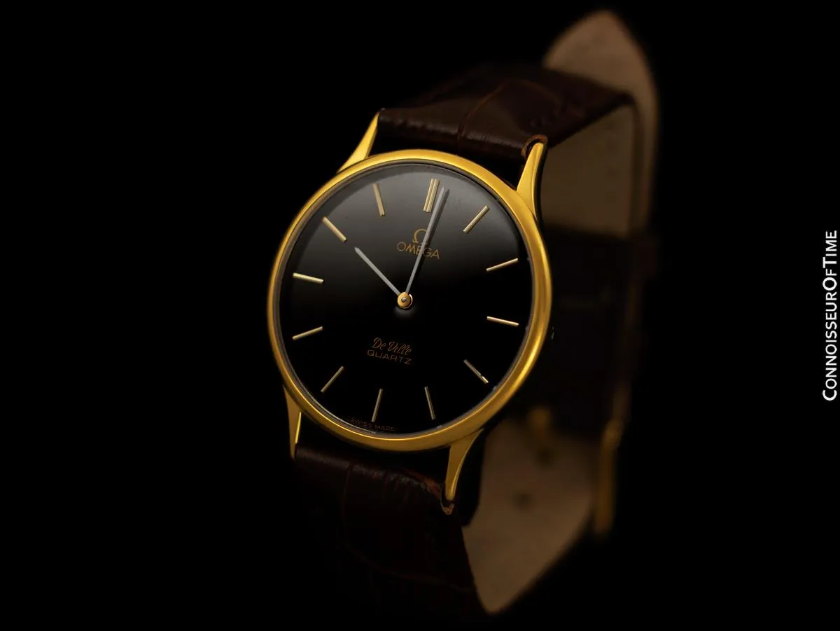 Omega De Ville Vintage Mens Midsize Thin Quartz Dress Watch with Black Dial - 18K Gold Plated