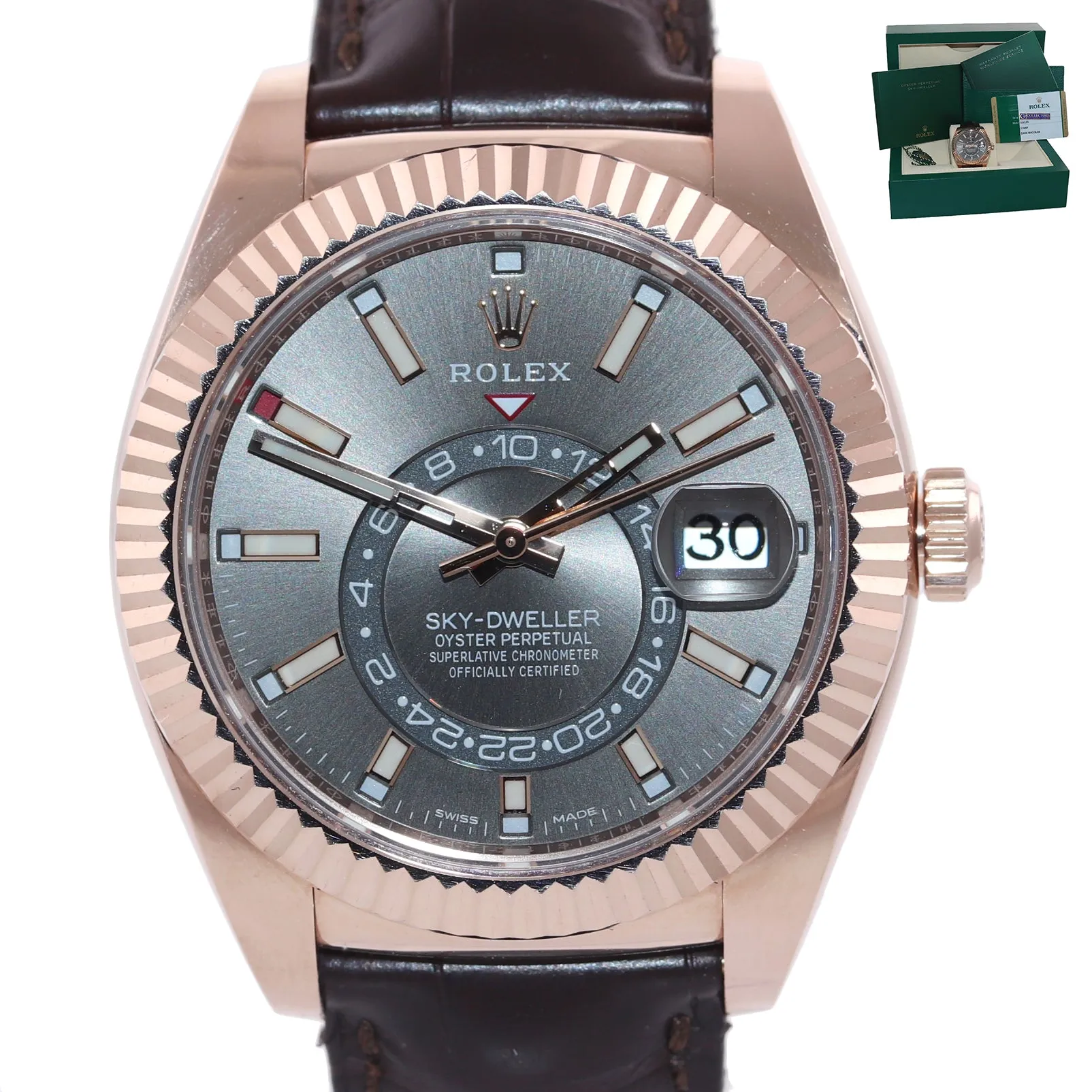 PAPERS 2019 Rolex Sky-Dweller 18K Rose Gold 326135 42mm Rhodium Leather Watch