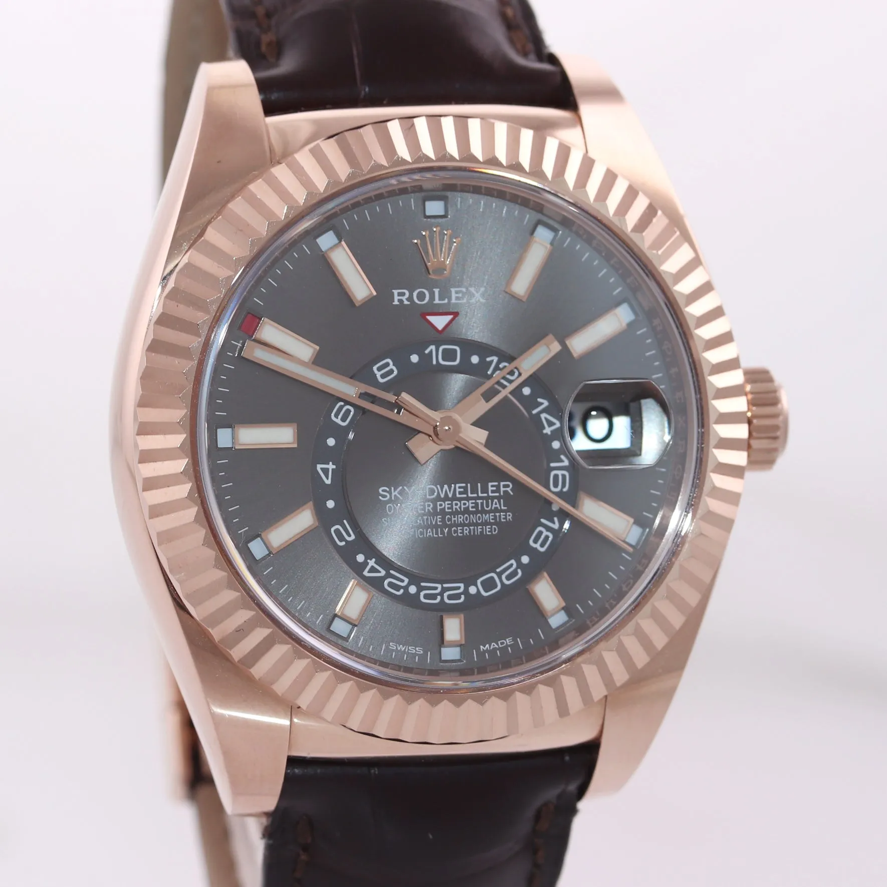 PAPERS 2019 Rolex Sky-Dweller 18K Rose Gold 326135 42mm Rhodium Leather Watch