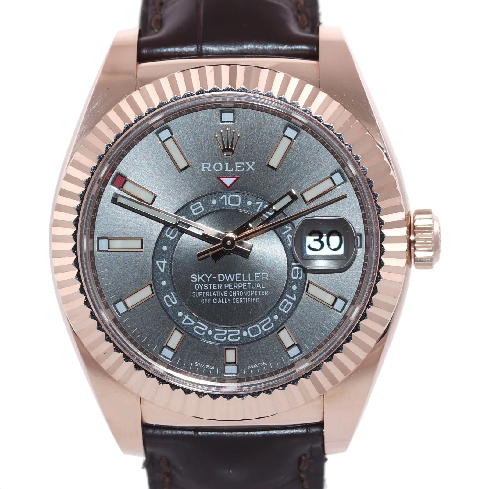 PAPERS 2019 Rolex Sky-Dweller 18K Rose Gold 326135 42mm Rhodium Leather Watch