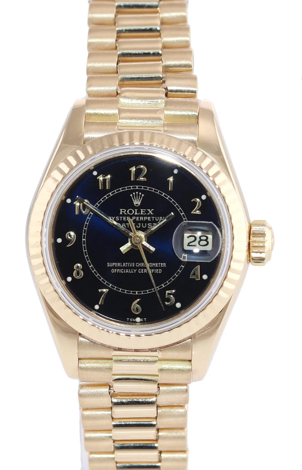 PAPERS Ladies Rolex President 26mm Black Arabic 69178 Yellow Gold Quickset Watch