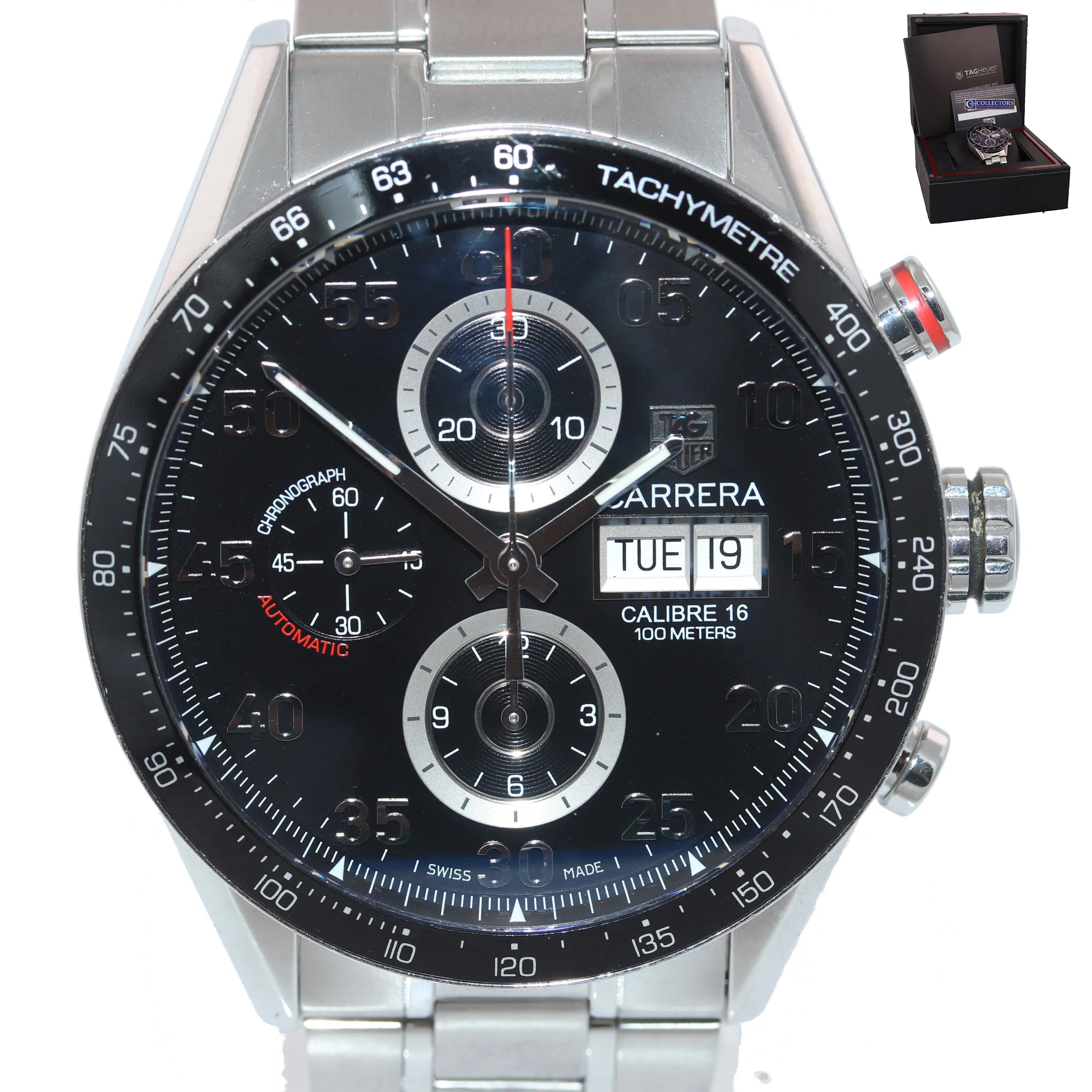 PAPERS MINT TAG Heuer Carrera Calibre 16 Chronograph Day-Date 43.5mm Steel CV2A