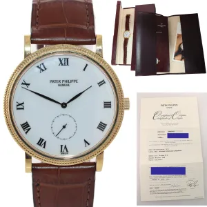 PAPERS Patek Philippe Calatrava Yellow Gold 3919J Hobnail White Leather Watch