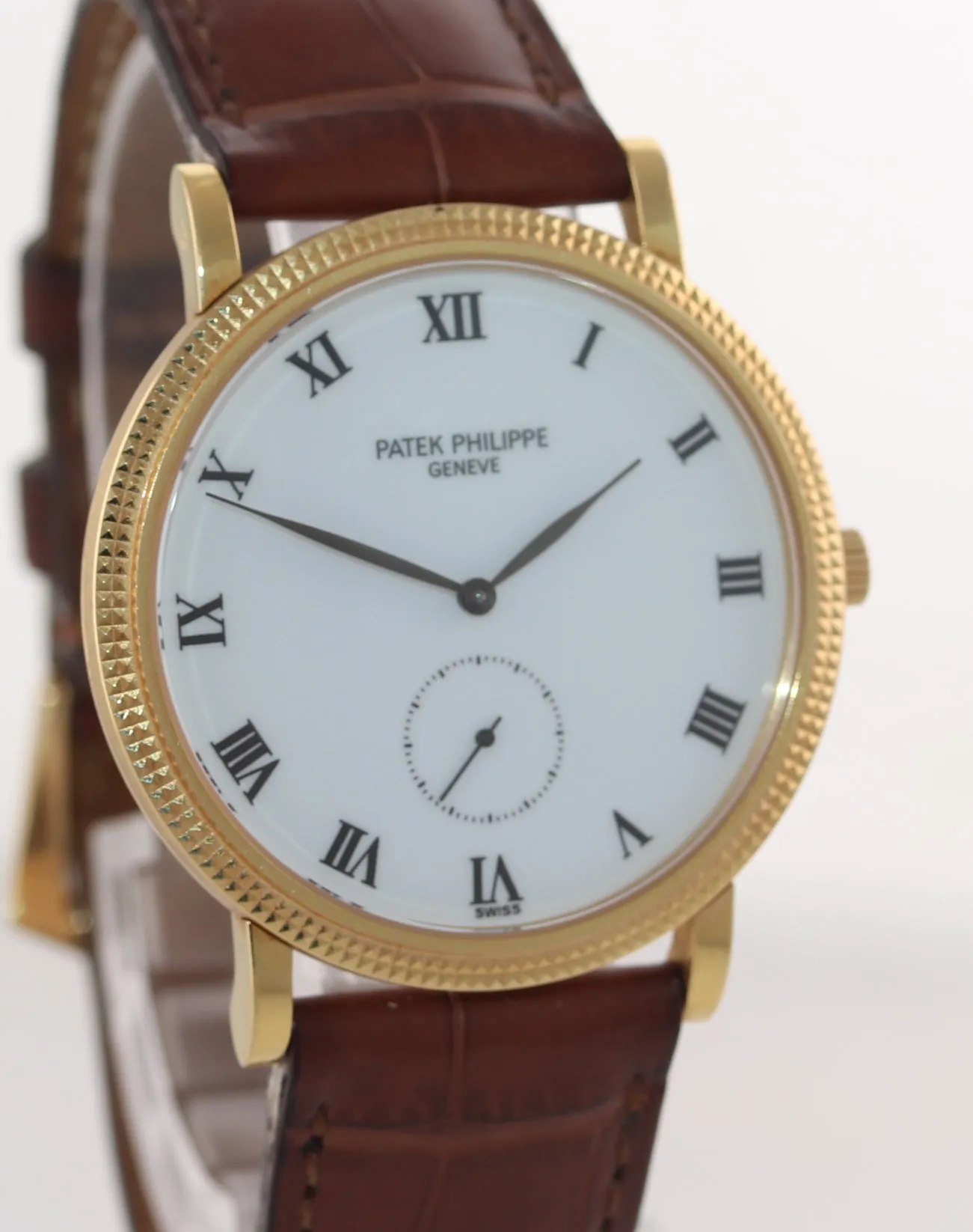 PAPERS Patek Philippe Calatrava Yellow Gold 3919J Hobnail White Leather Watch