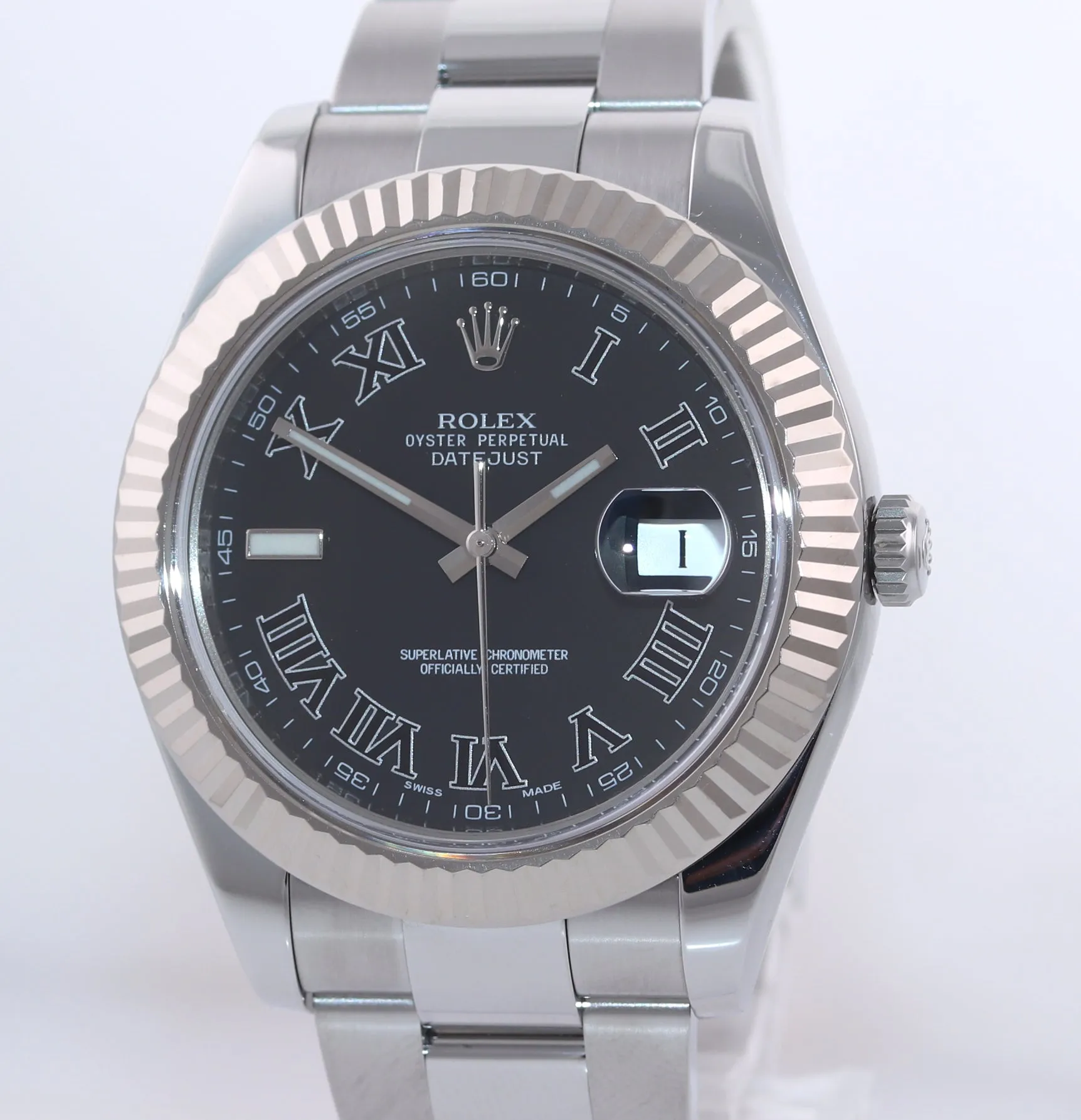 PAPERS Rolex Datejust 2 Wimbledon Grey 41mm White Gold Fluted Steel 116334 Watch