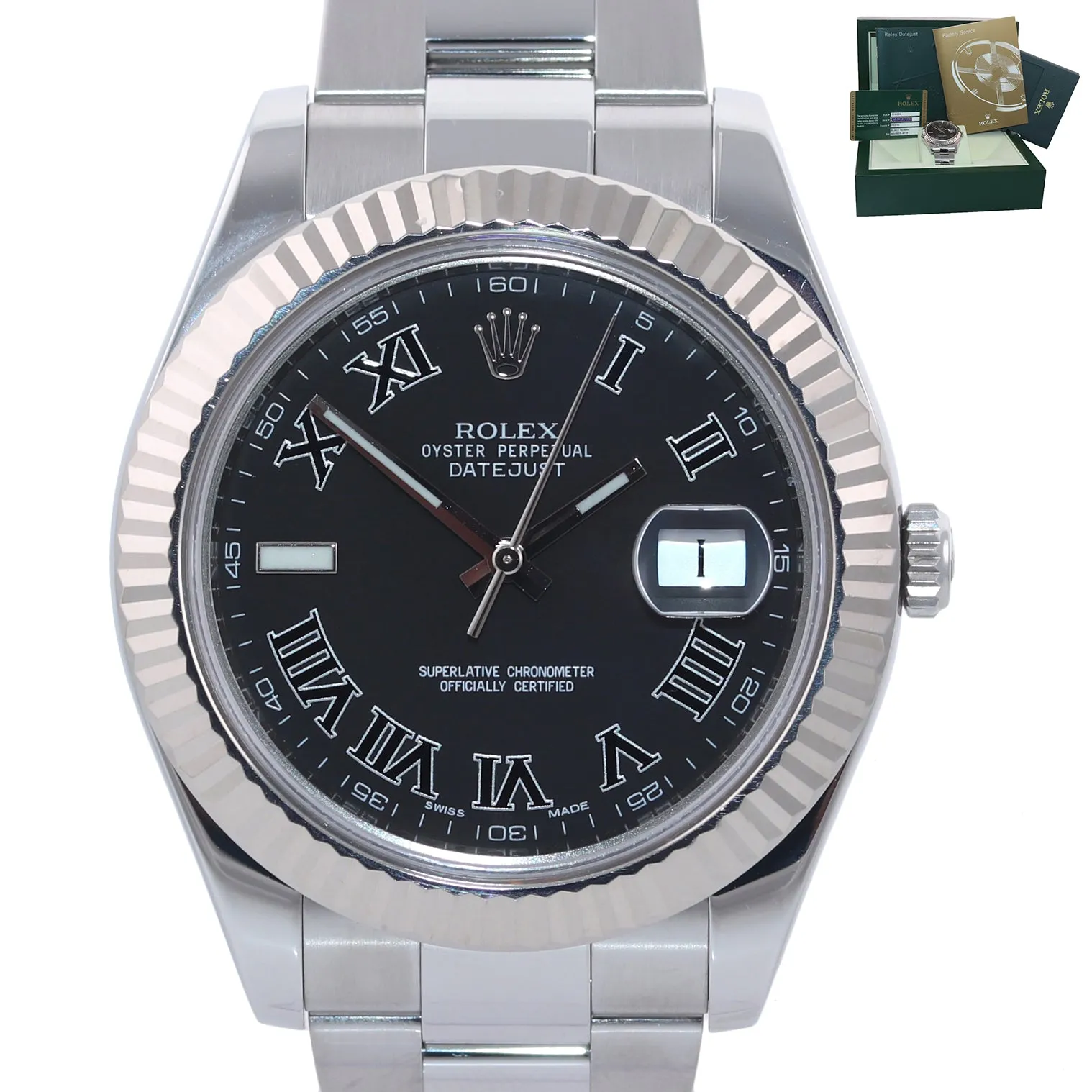 PAPERS Rolex Datejust 2 Wimbledon Grey 41mm White Gold Fluted Steel 116334 Watch