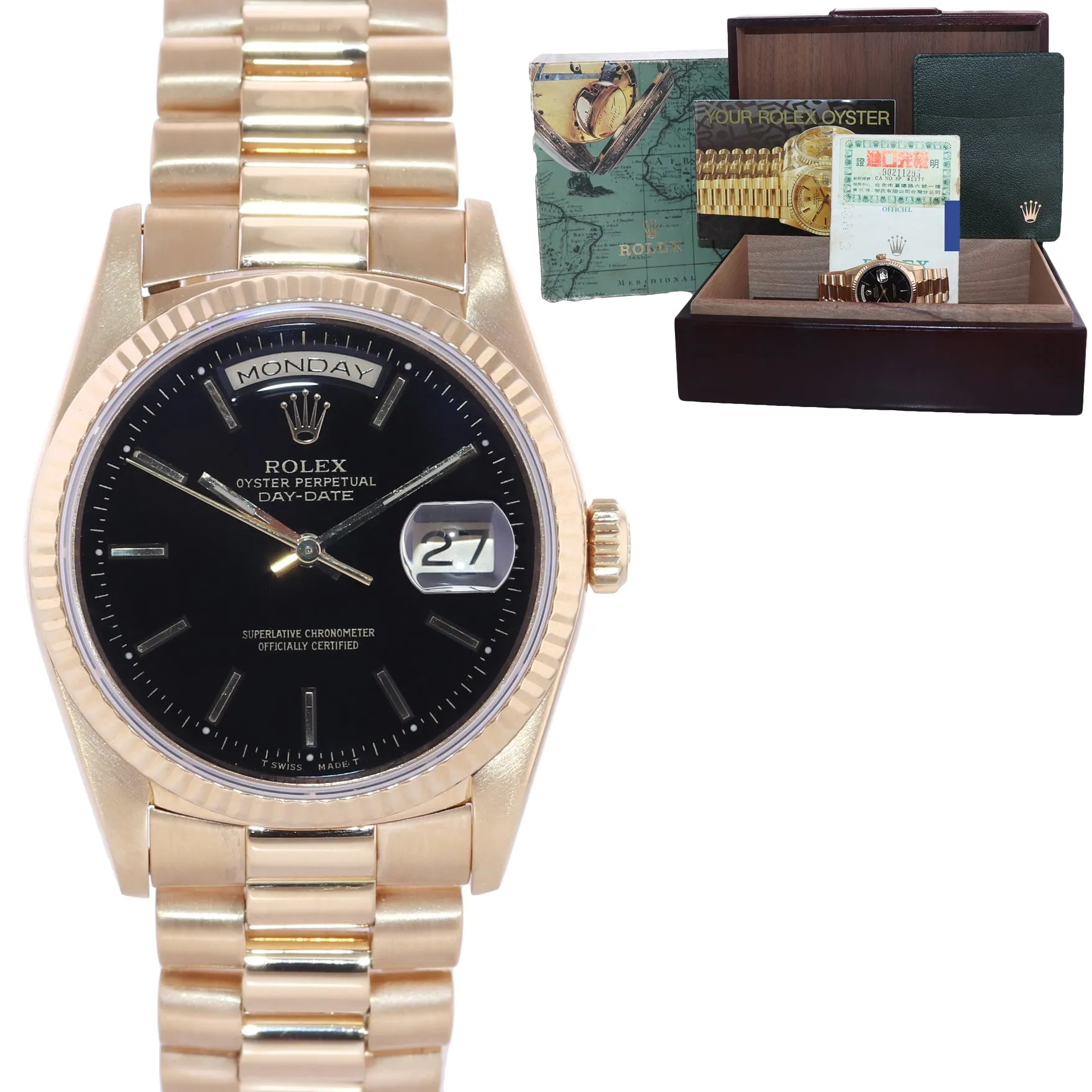 PAPERS Rolex President Black Stick Double Quick 18238 Yellow Gold Day Date Watch Box