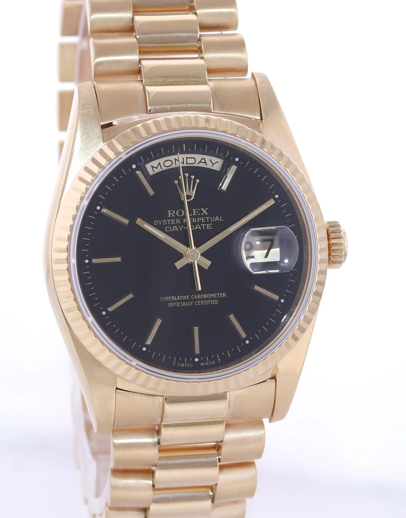 PAPERS Rolex President Black Stick Double Quick 18238 Yellow Gold Day Date Watch Box