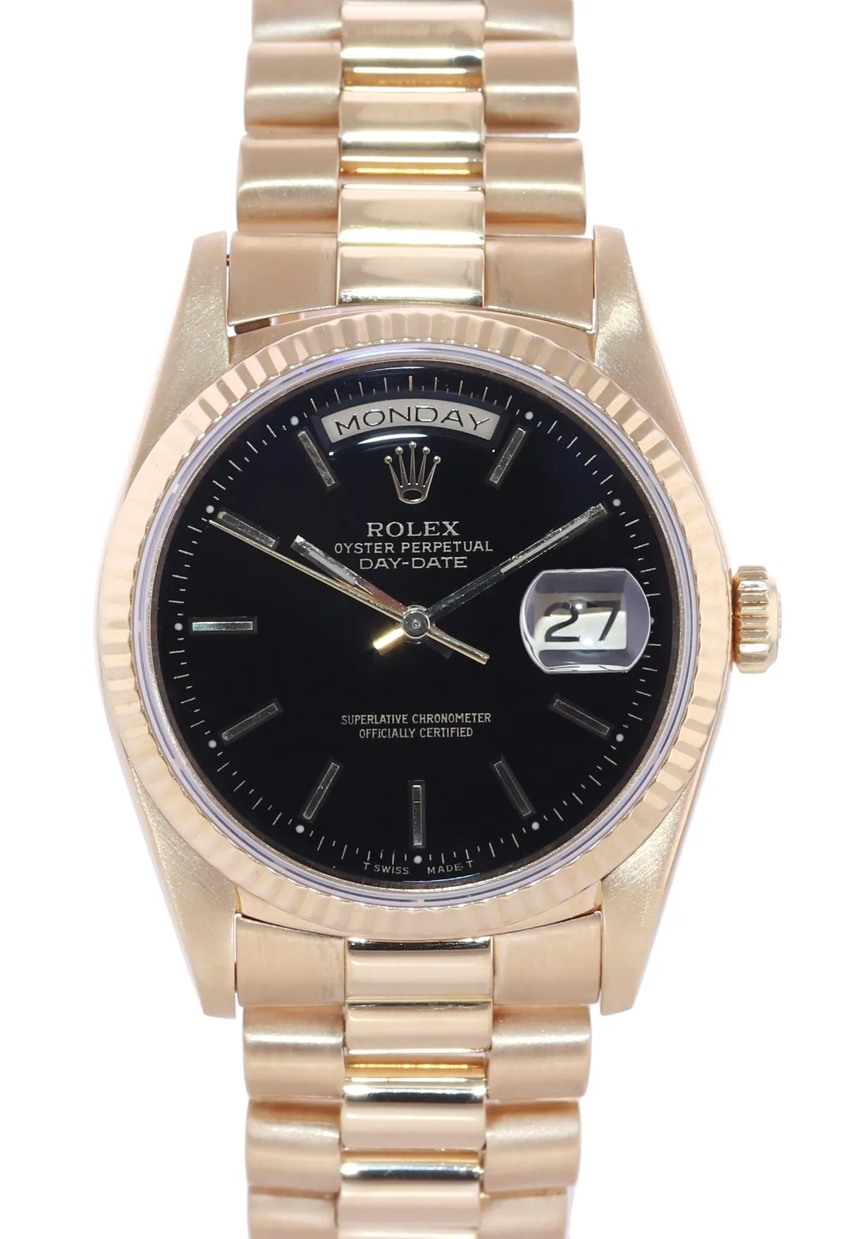 PAPERS Rolex President Black Stick Double Quick 18238 Yellow Gold Day Date Watch Box