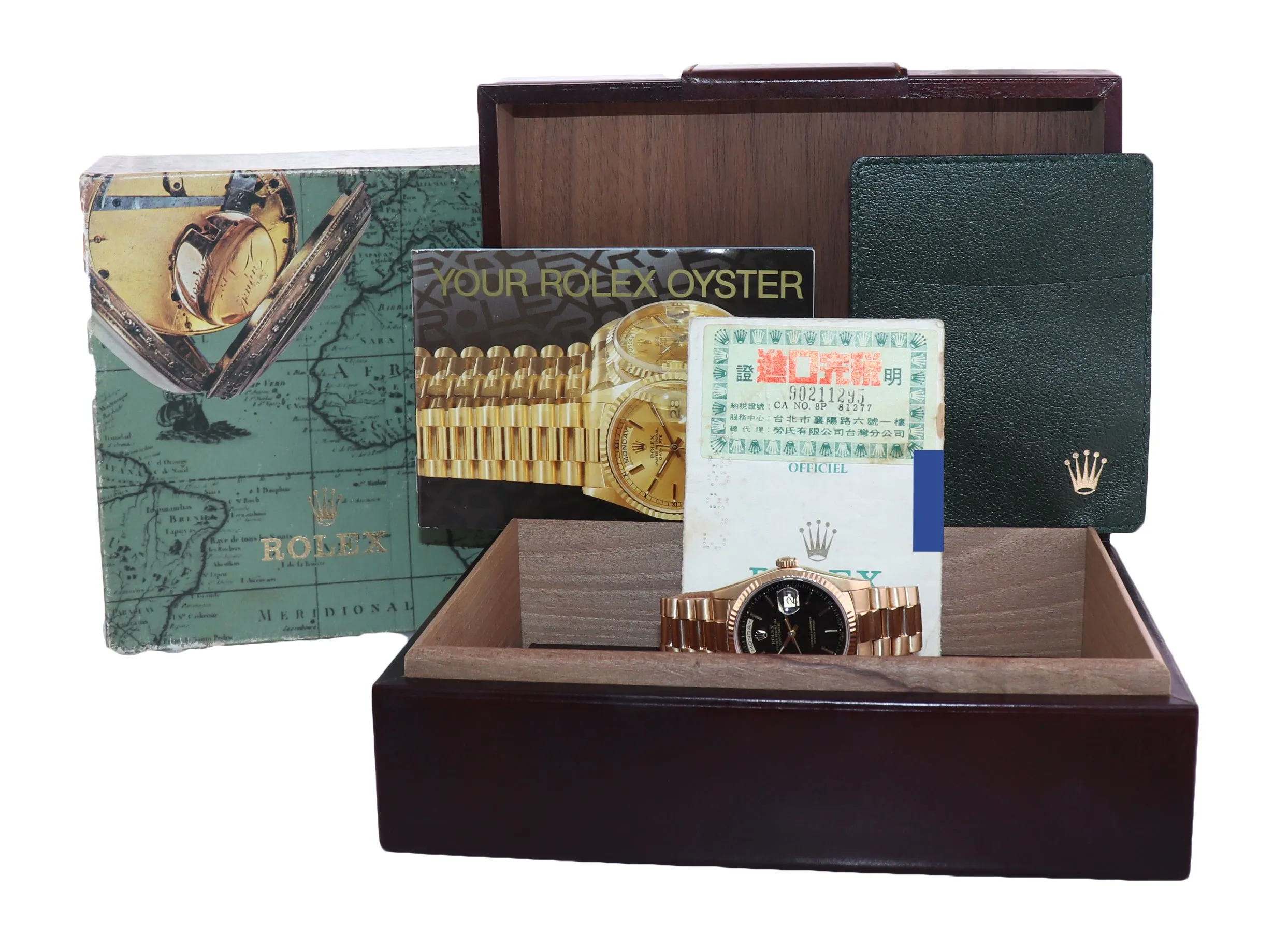 PAPERS Rolex President Black Stick Double Quick 18238 Yellow Gold Day Date Watch Box