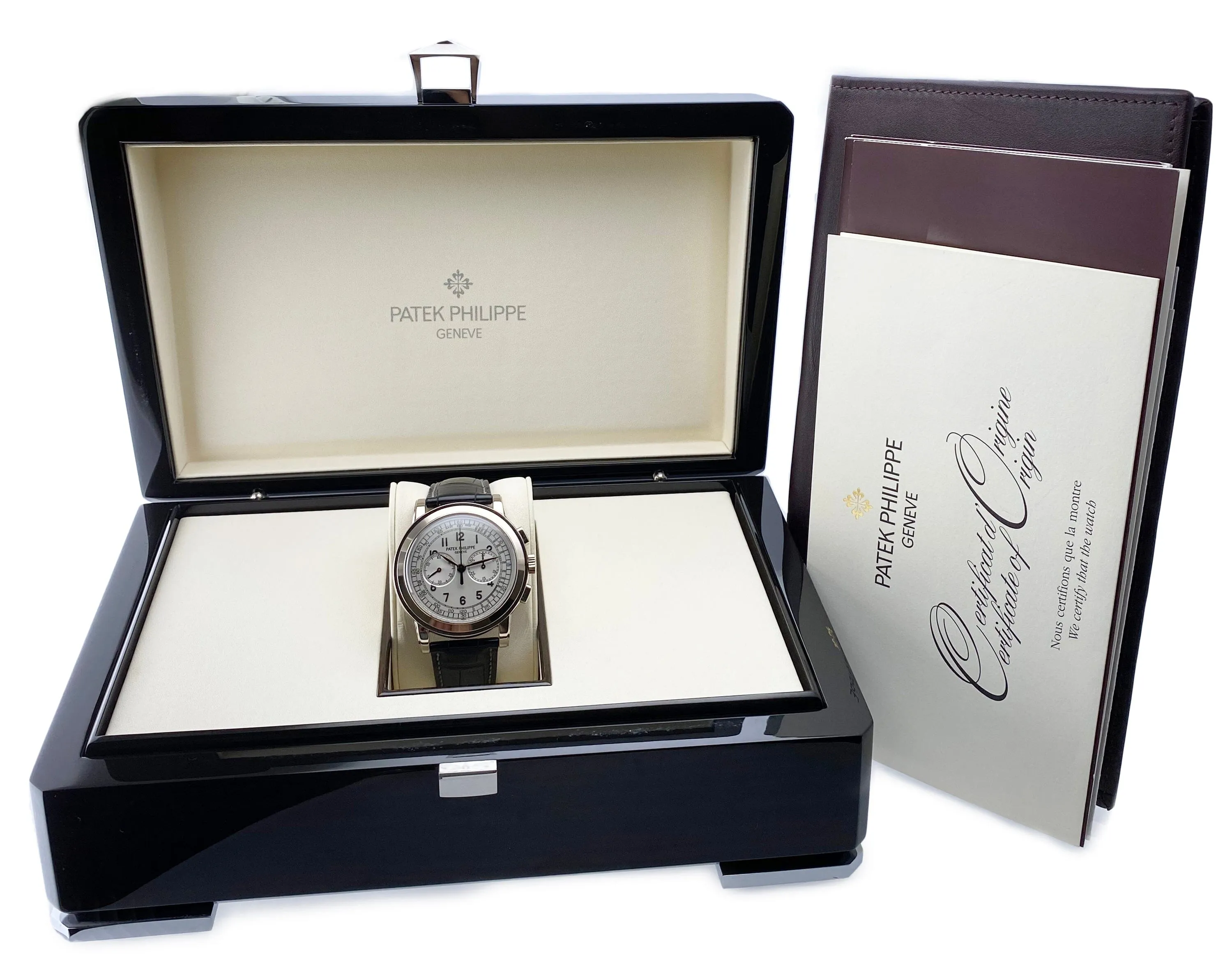 Patek Philippe Complications Chronograph 5070G Silver Dial Mens Watch Box Papers