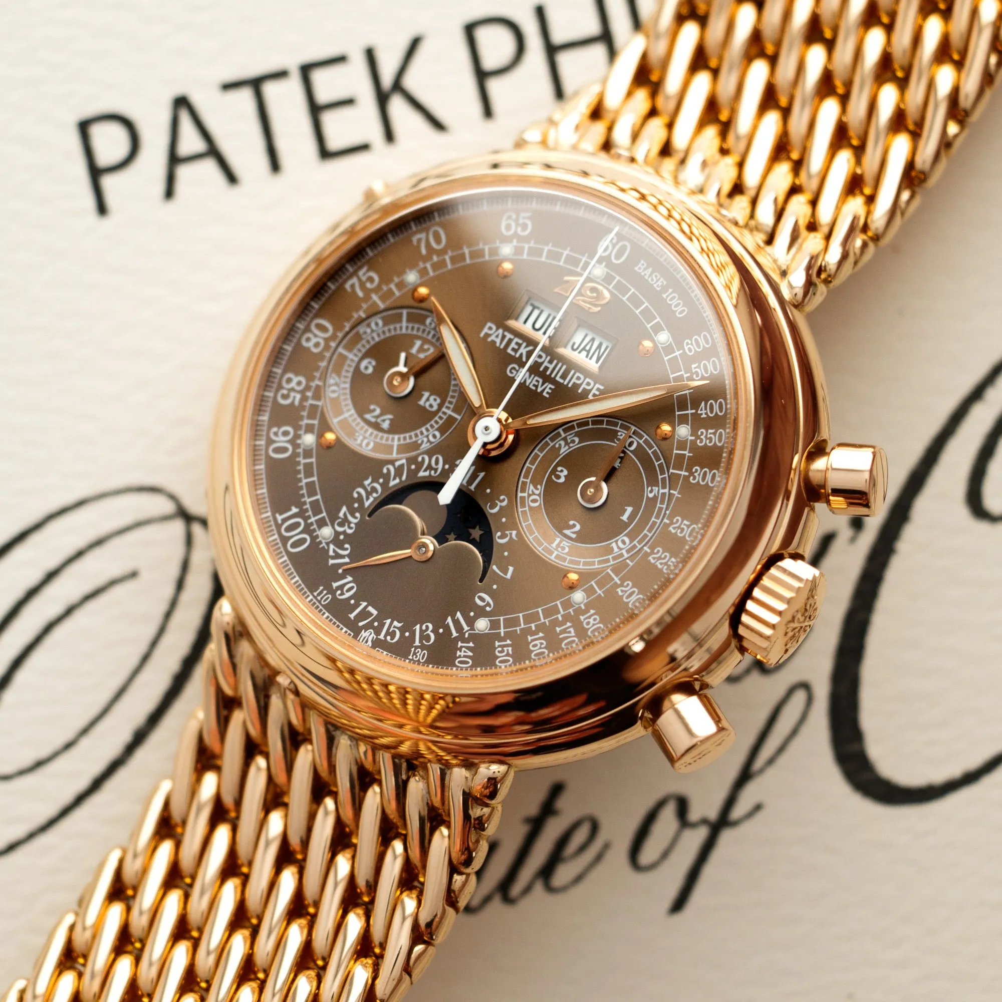 Patek Philippe Rose Gold Perpetual Calendar Watch Ref. 3970 with Rare Brown, Breguet Numeral Dial