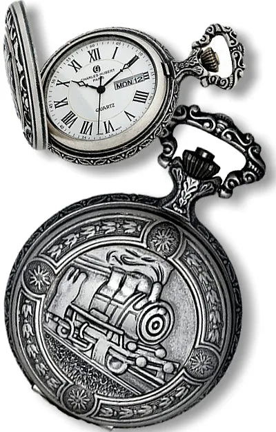 Railroad Closing Cover Pocket Watch, Antiqued Pewter Locomotive Case
