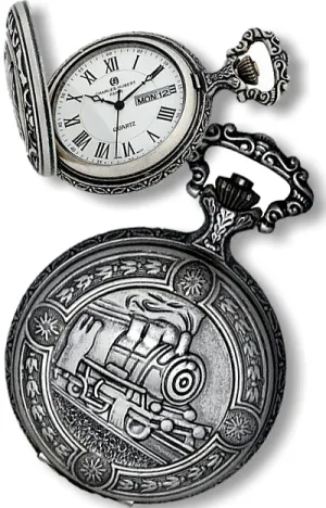 Railroad Closing Cover Pocket Watch, Antiqued Pewter Locomotive Case