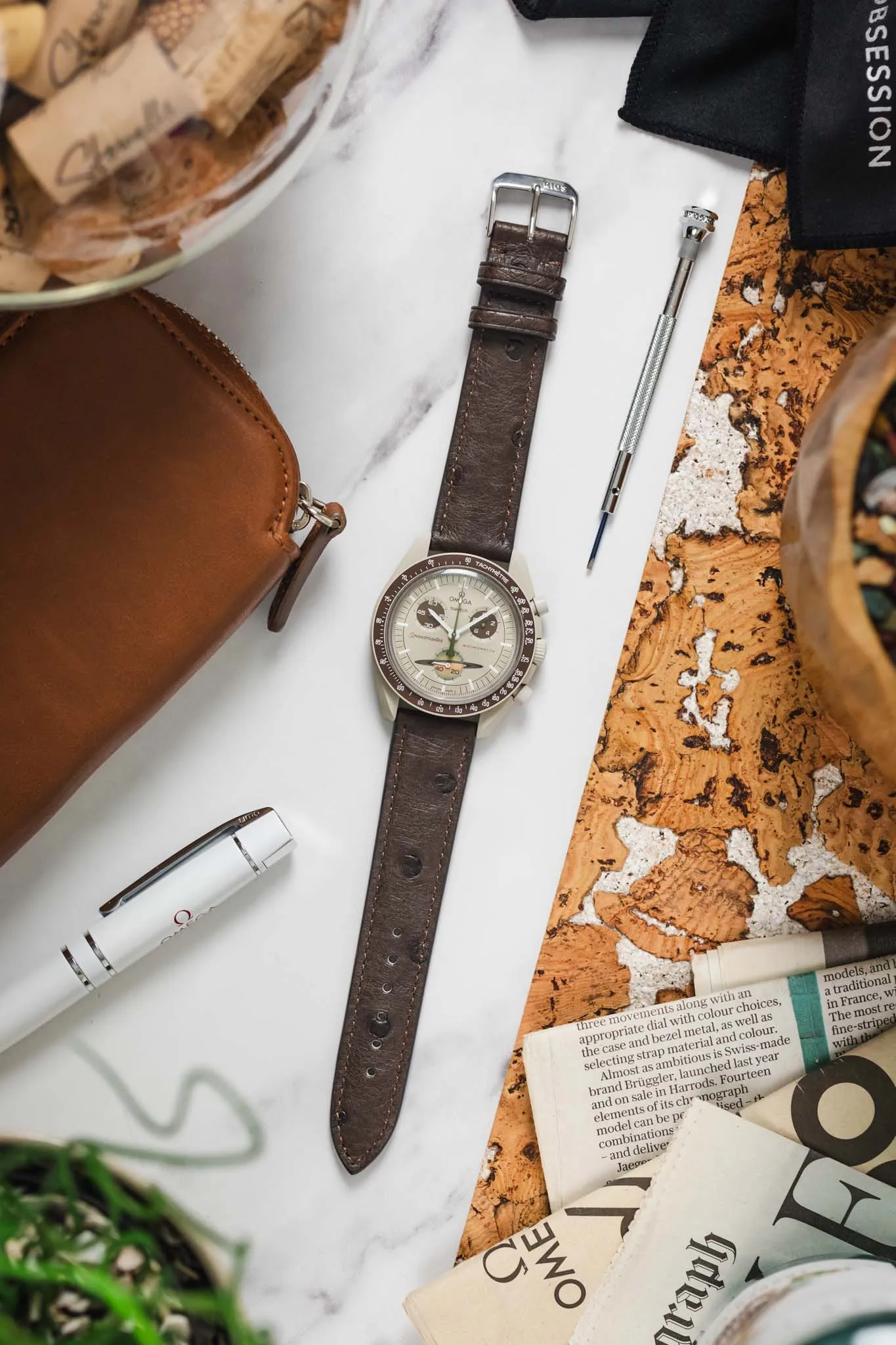 RIOS1931 MAISON Genuine Ostrich Leather Watch Strap in MOCHA