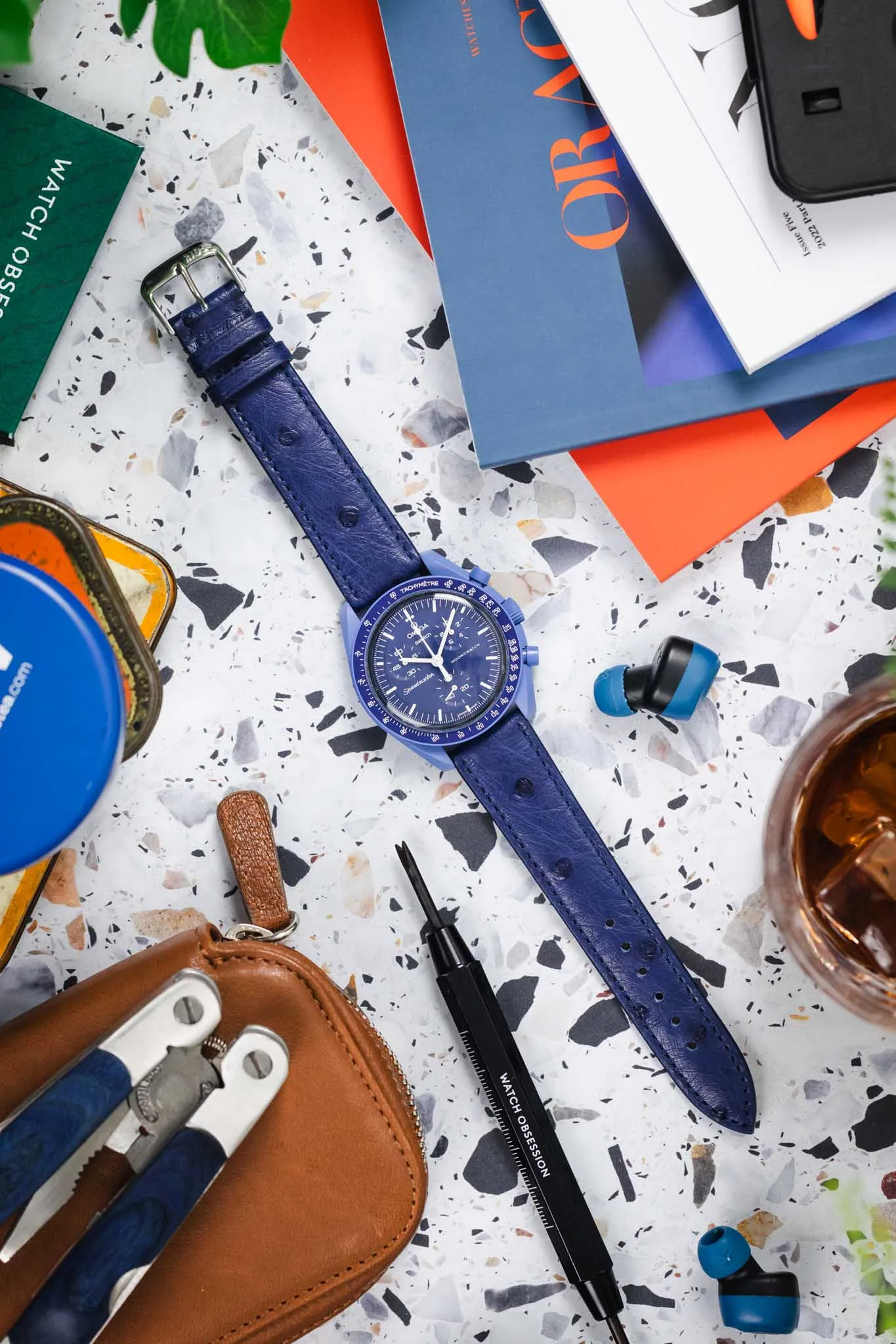RIOS1931 MAISON Genuine Ostrich Leather Watch Strap in NAVY BLUE