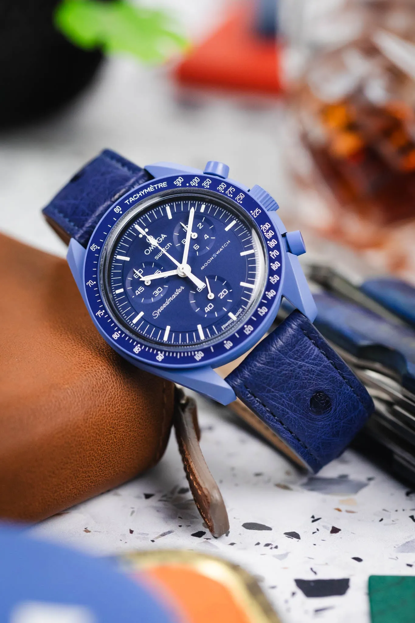 RIOS1931 MAISON Genuine Ostrich Leather Watch Strap in NAVY BLUE