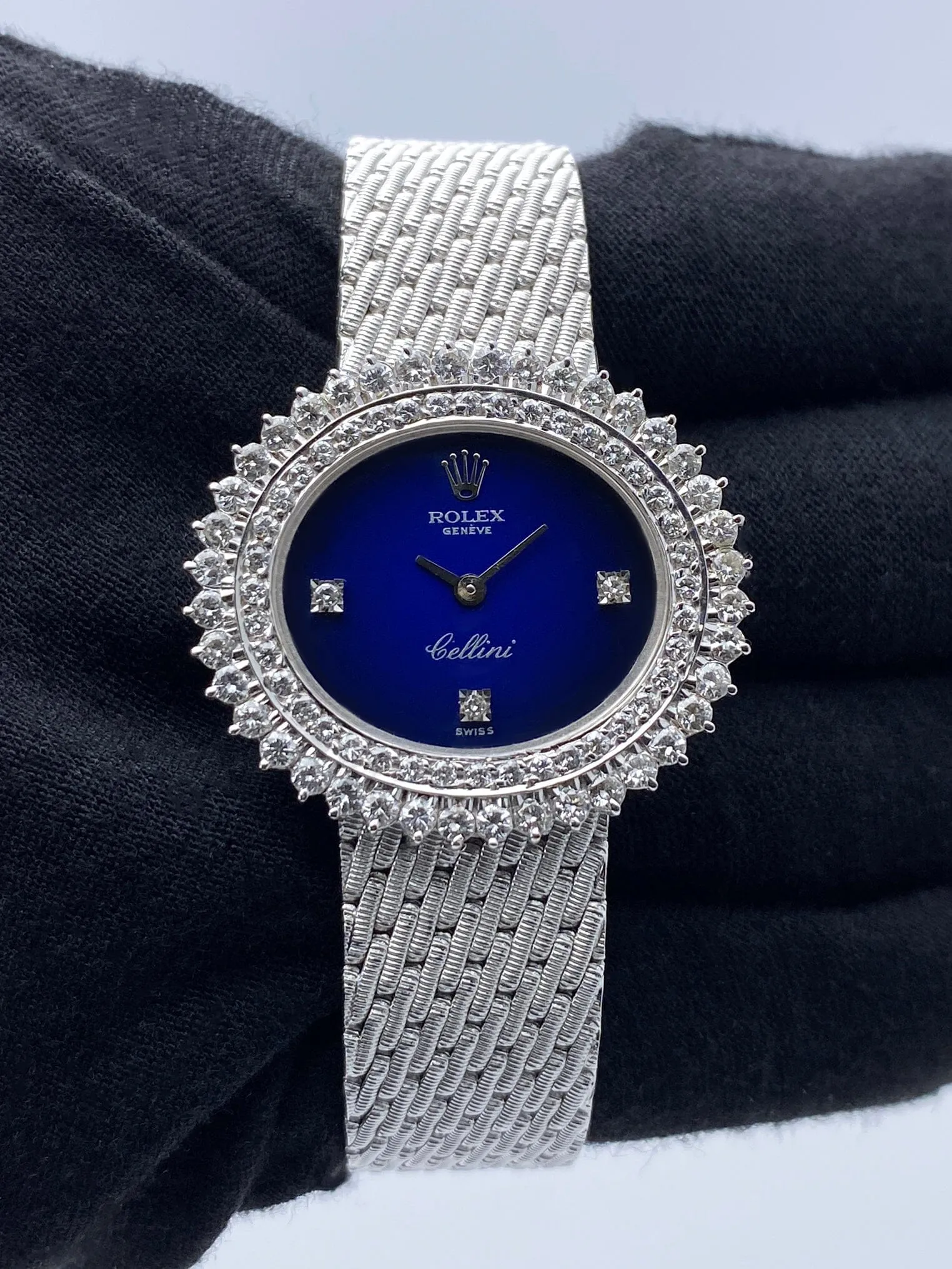 Rolex Cellini 4081 Diamond Blue Vignette Dial 18K White Gold Ladies Watch
