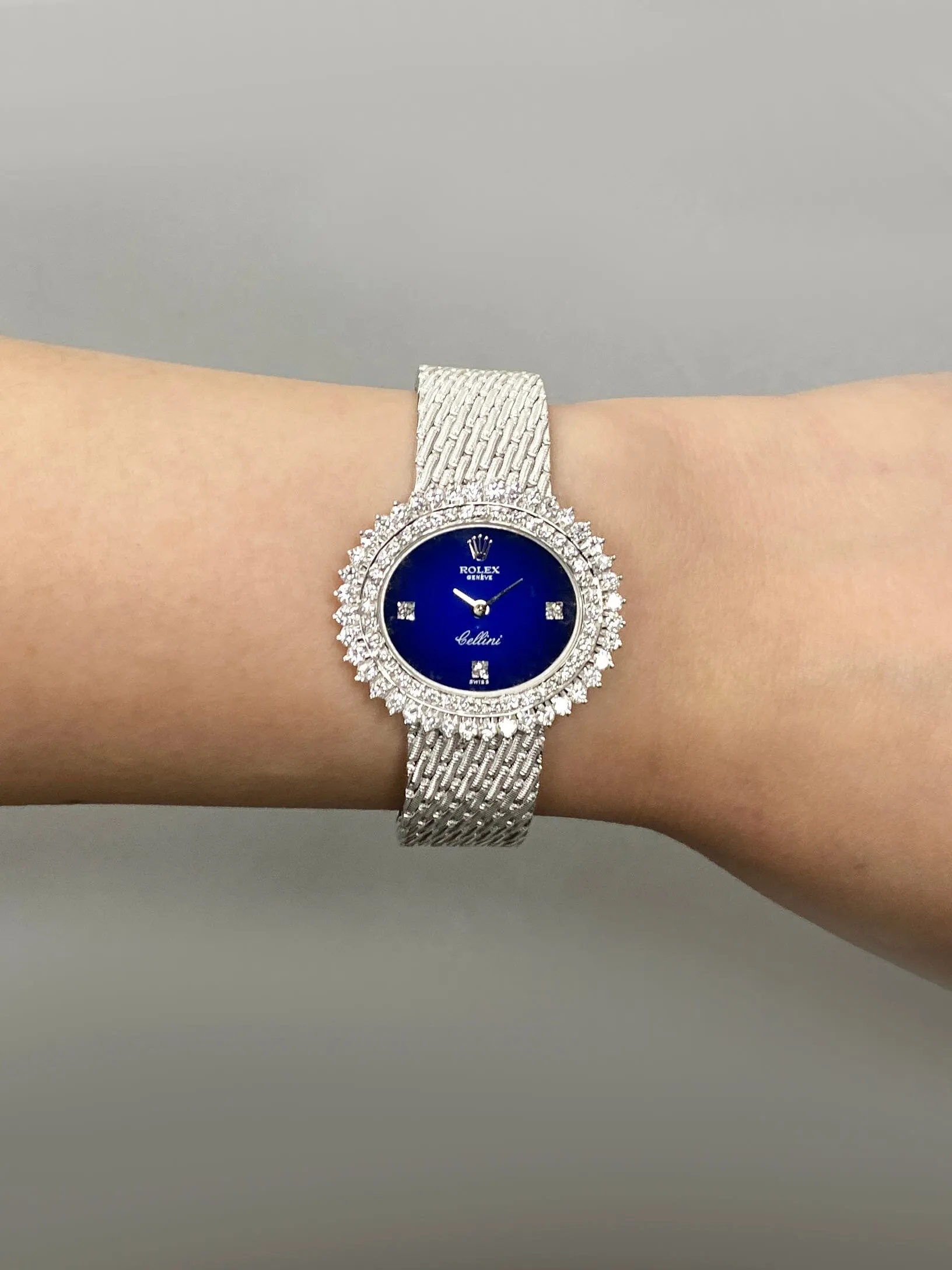 Rolex Cellini 4081 Diamond Blue Vignette Dial 18K White Gold Ladies Watch