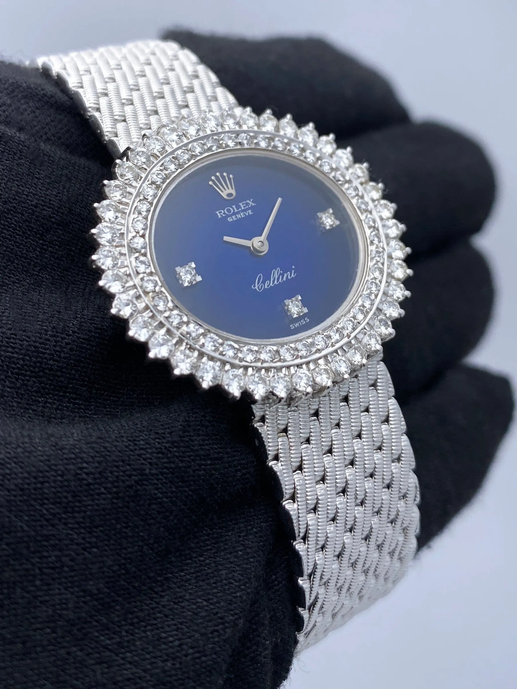 Rolex Cellini 4081 Diamond Blue Vignette Dial 18K White Gold Ladies Watch