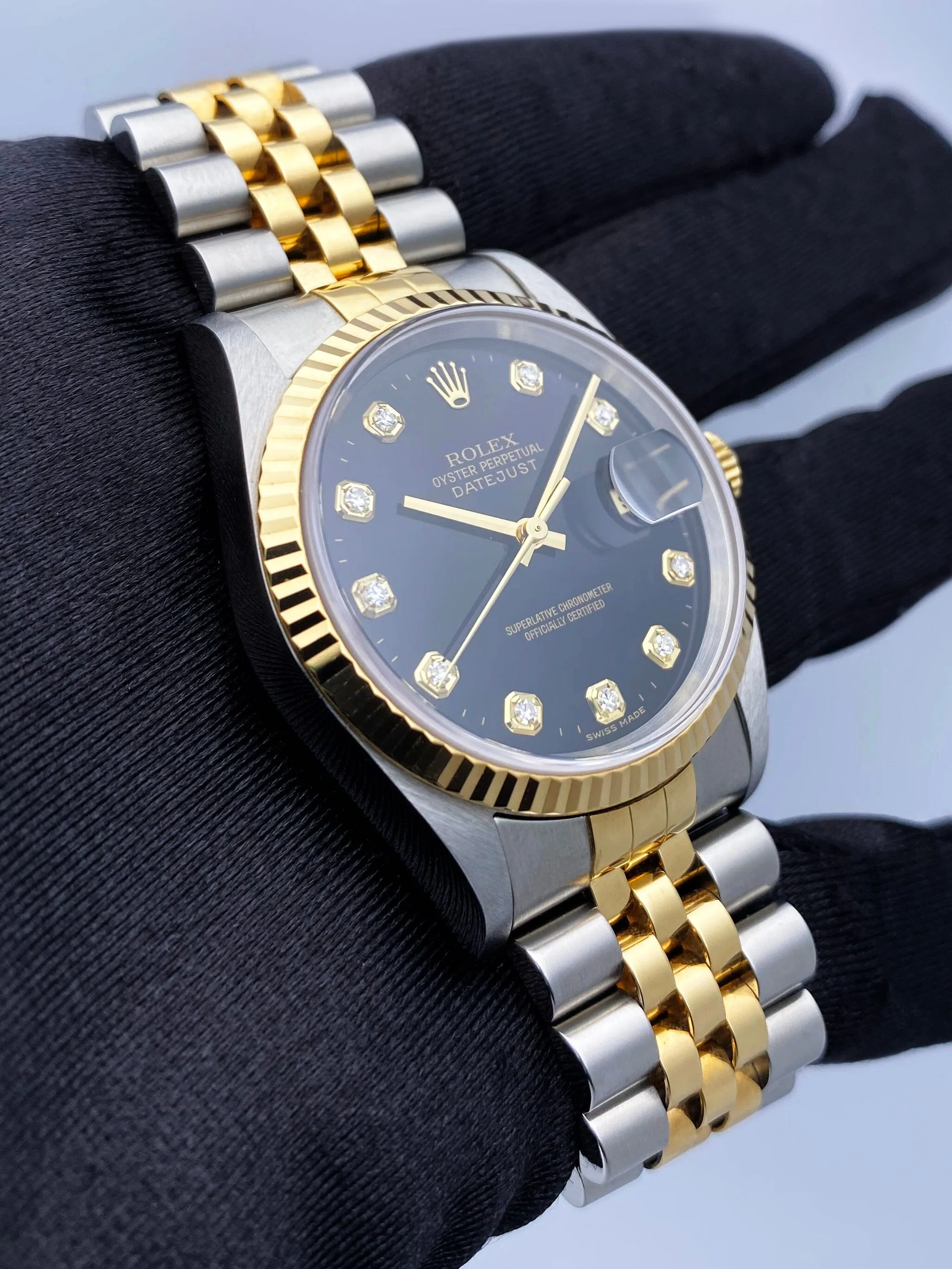 Rolex Datejust 16233 Diamond Black Dial Mens Watch Box Papers