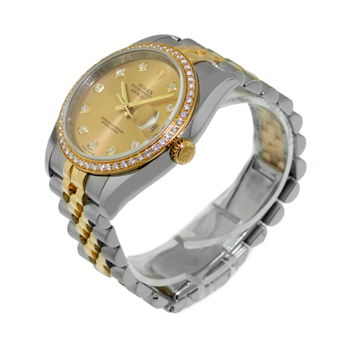 Rolex Datejust 36mm Yellow Gold & Steel Champagne Diamond Dial Diamond Bezel 116243
