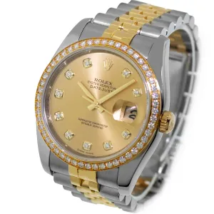 Rolex Datejust 36mm Yellow Gold & Steel Champagne Diamond Dial Diamond Bezel 116243