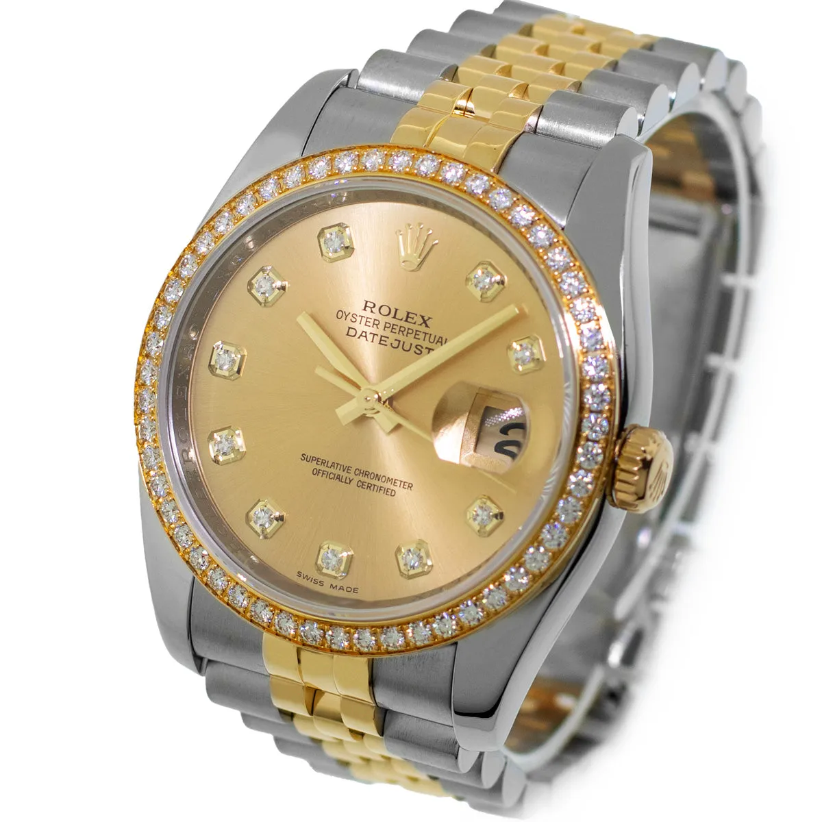 Rolex Datejust 36mm Yellow Gold & Steel Champagne Diamond Dial Diamond Bezel 116243