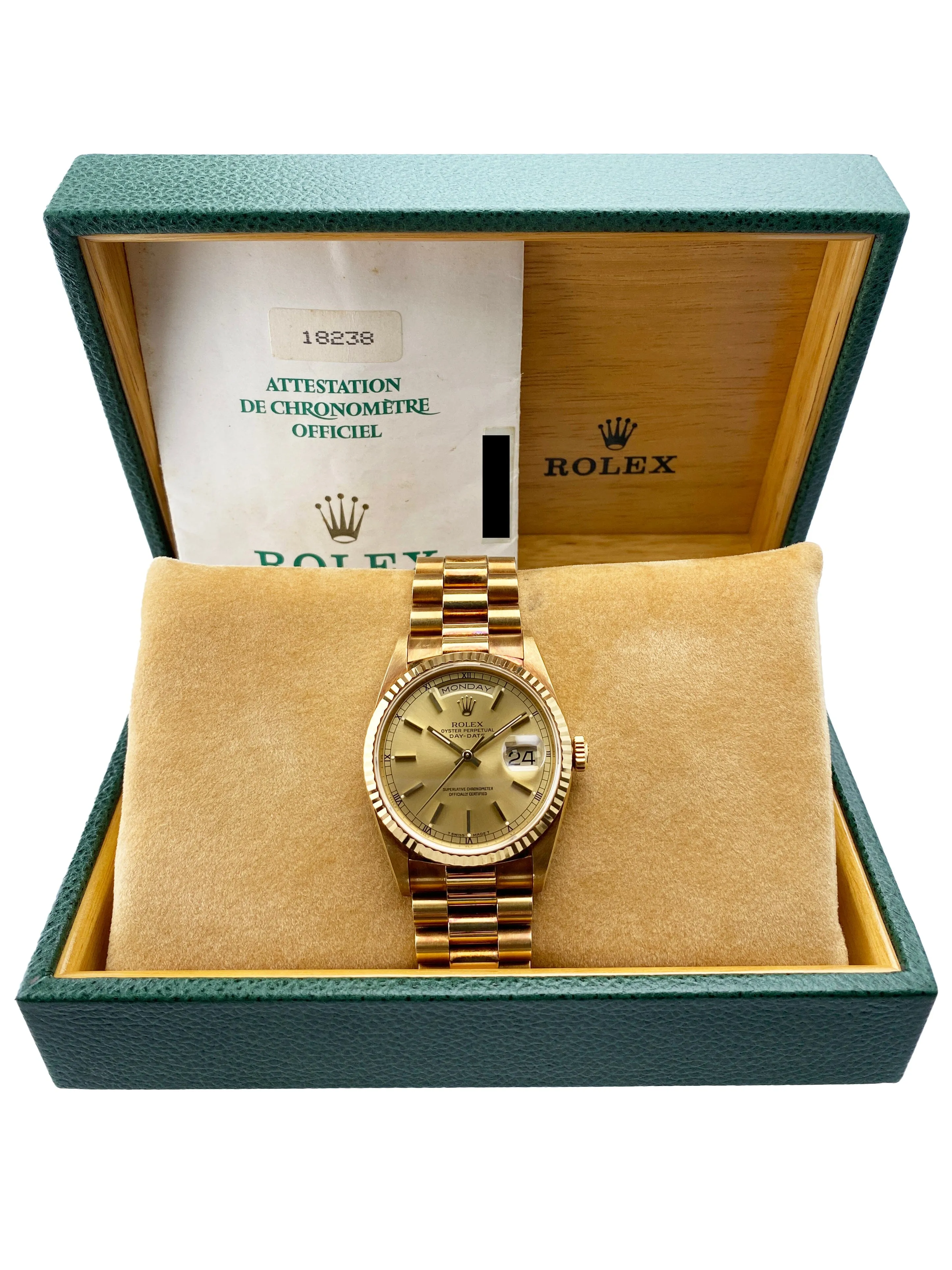 Rolex Day Date 18238 18K Yellow Gold Mens Watch Papers
