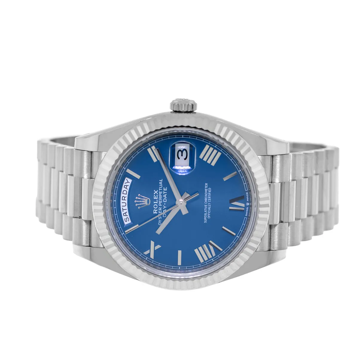 Rolex Day-Date 40mm White Gold Blue Roman Dial President 228239