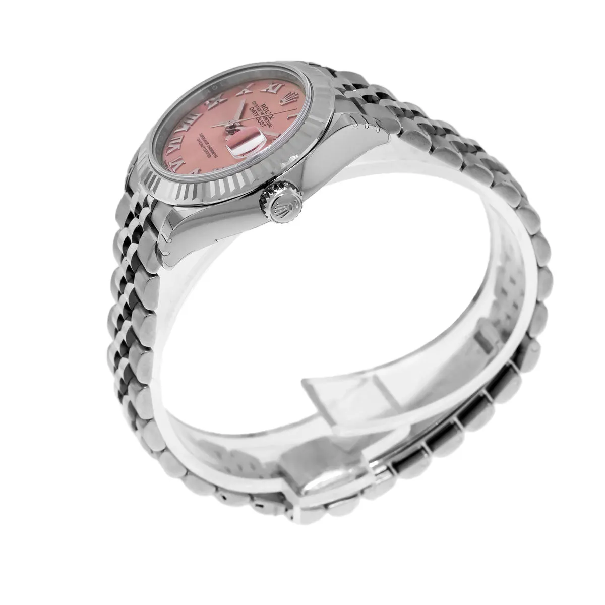 Rolex Lady-Datejust 28mm White Gold Steel Pink Roman Dial Fluted Bezel 279174