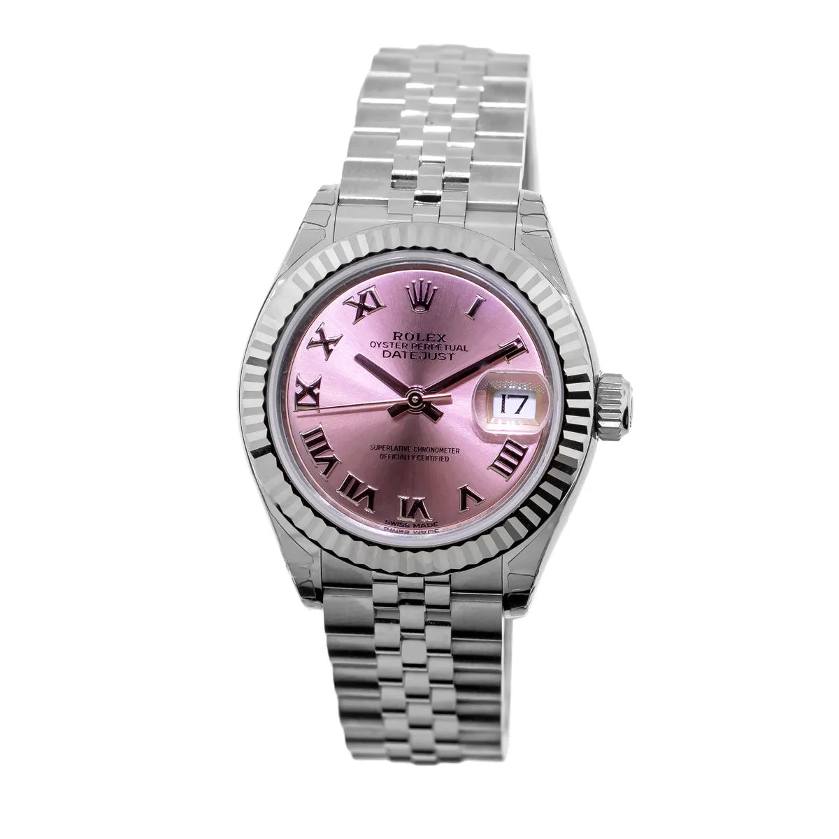 Rolex Lady-Datejust 28mm White Gold Steel Pink Roman Dial Fluted Bezel 279174
