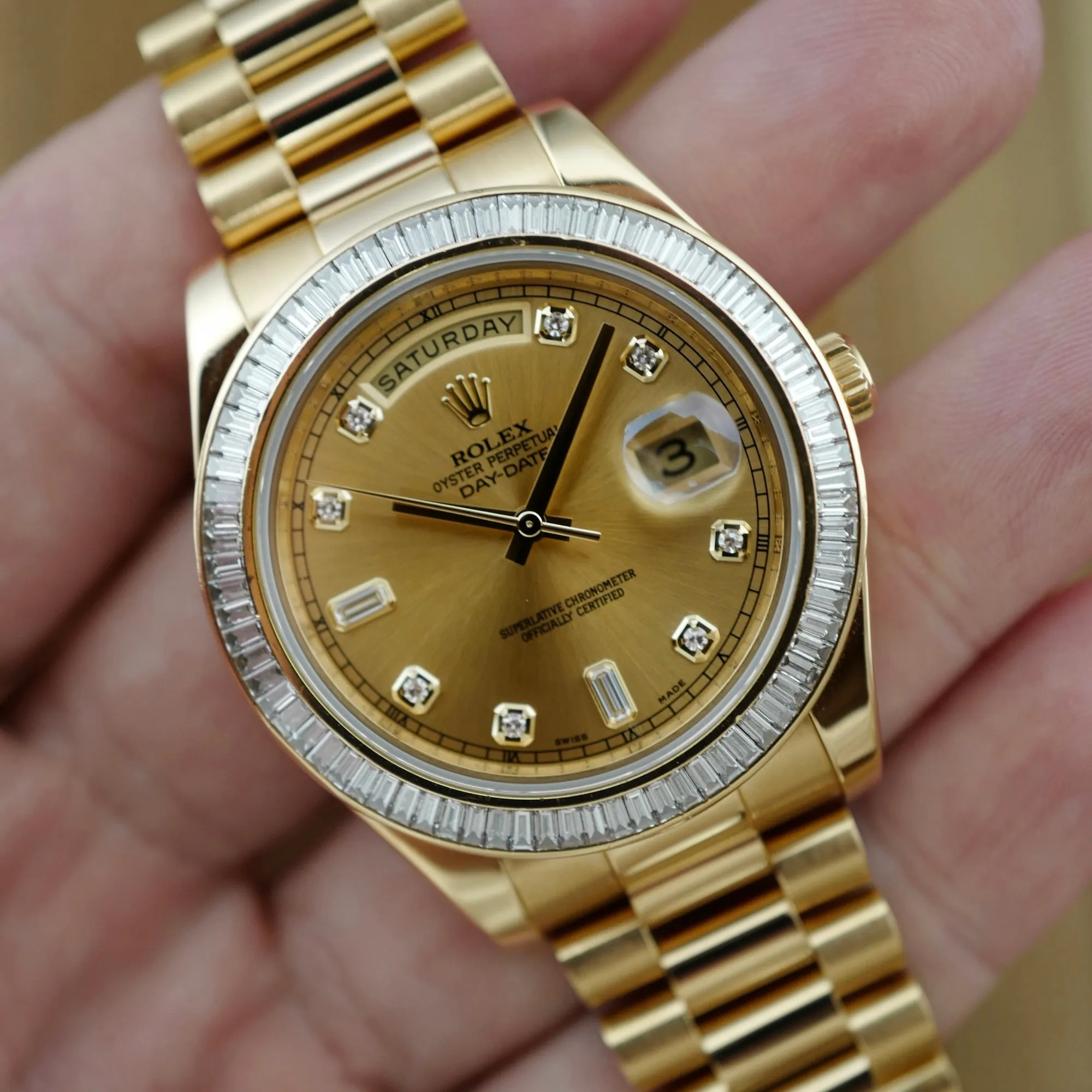 Rolex Yellow Gold Day-Date Ref. 218398R with Baguette Diamonds (New Arrivals)