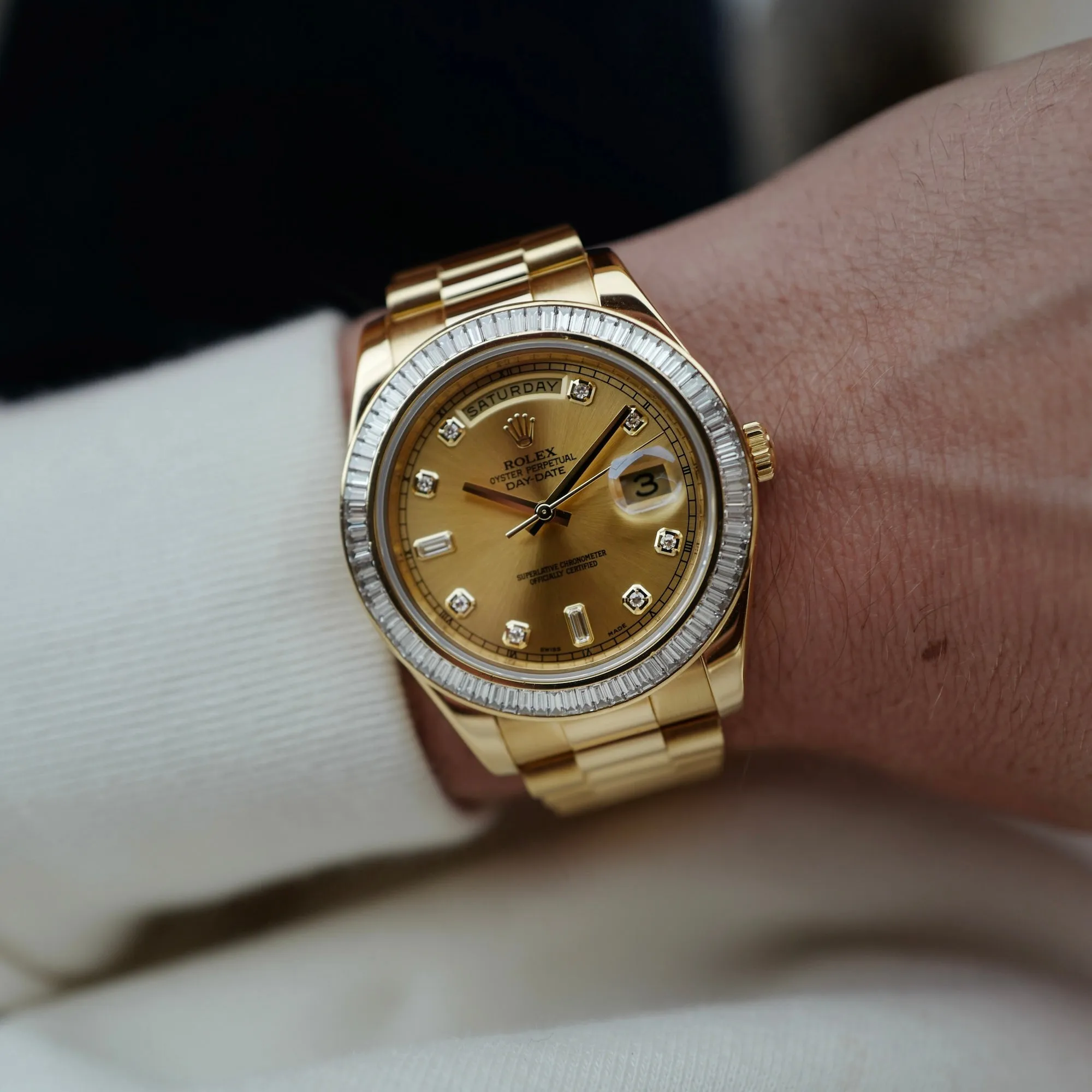 Rolex Yellow Gold Day-Date Ref. 218398R with Baguette Diamonds (New Arrivals)