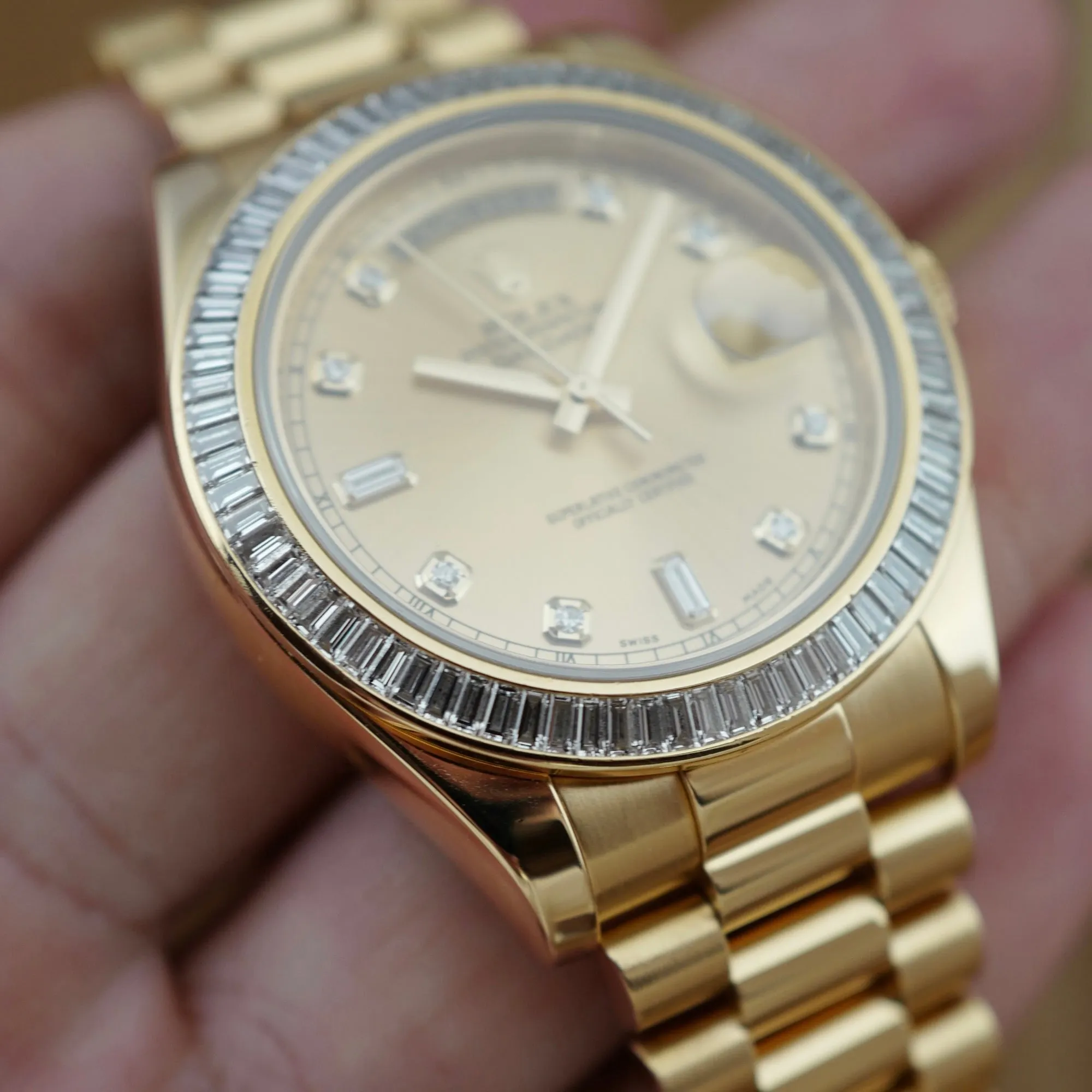 Rolex Yellow Gold Day-Date Ref. 218398R with Baguette Diamonds (New Arrivals)