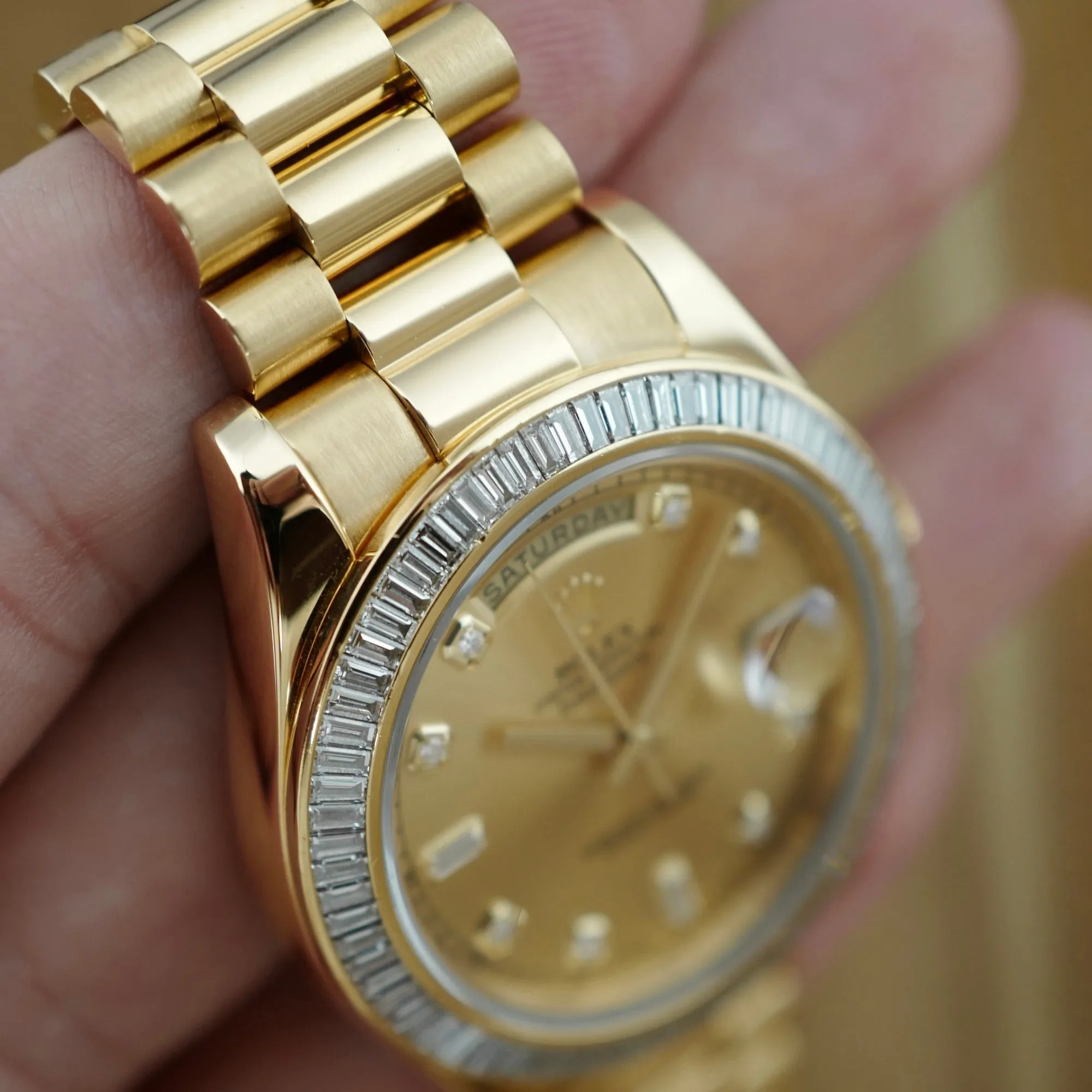 Rolex Yellow Gold Day-Date Ref. 218398R with Baguette Diamonds (New Arrivals)