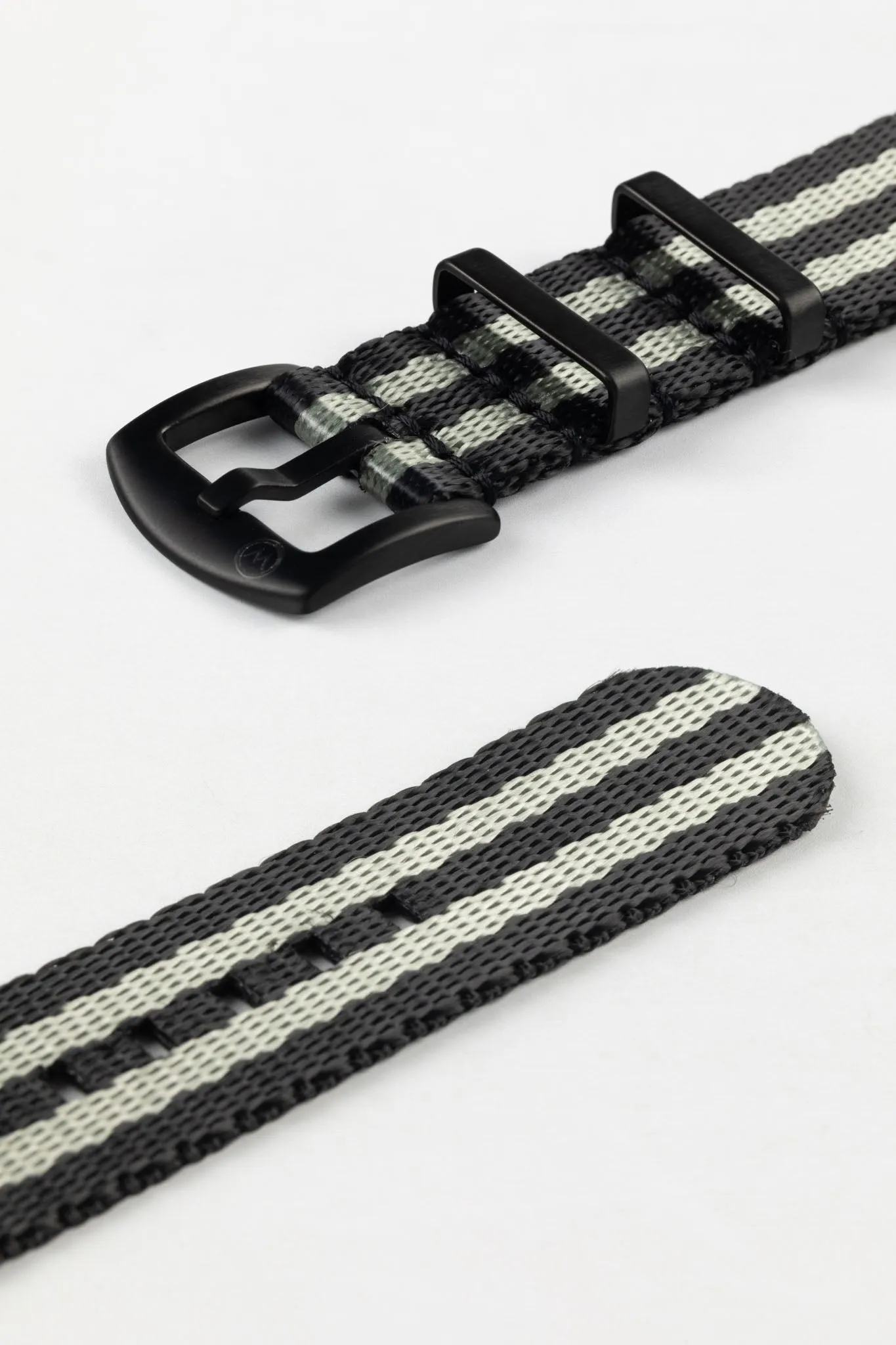 Seatbelt Nylon Watch Strap in BLACK & GREY Stripes with BLACK PVD Hardware