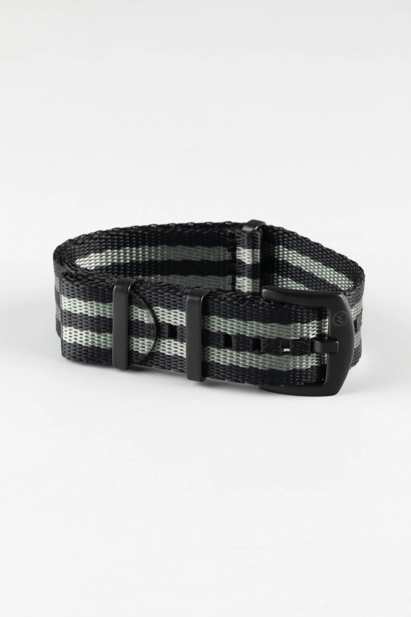 Seatbelt Nylon Watch Strap in BLACK & GREY Stripes with BLACK PVD Hardware
