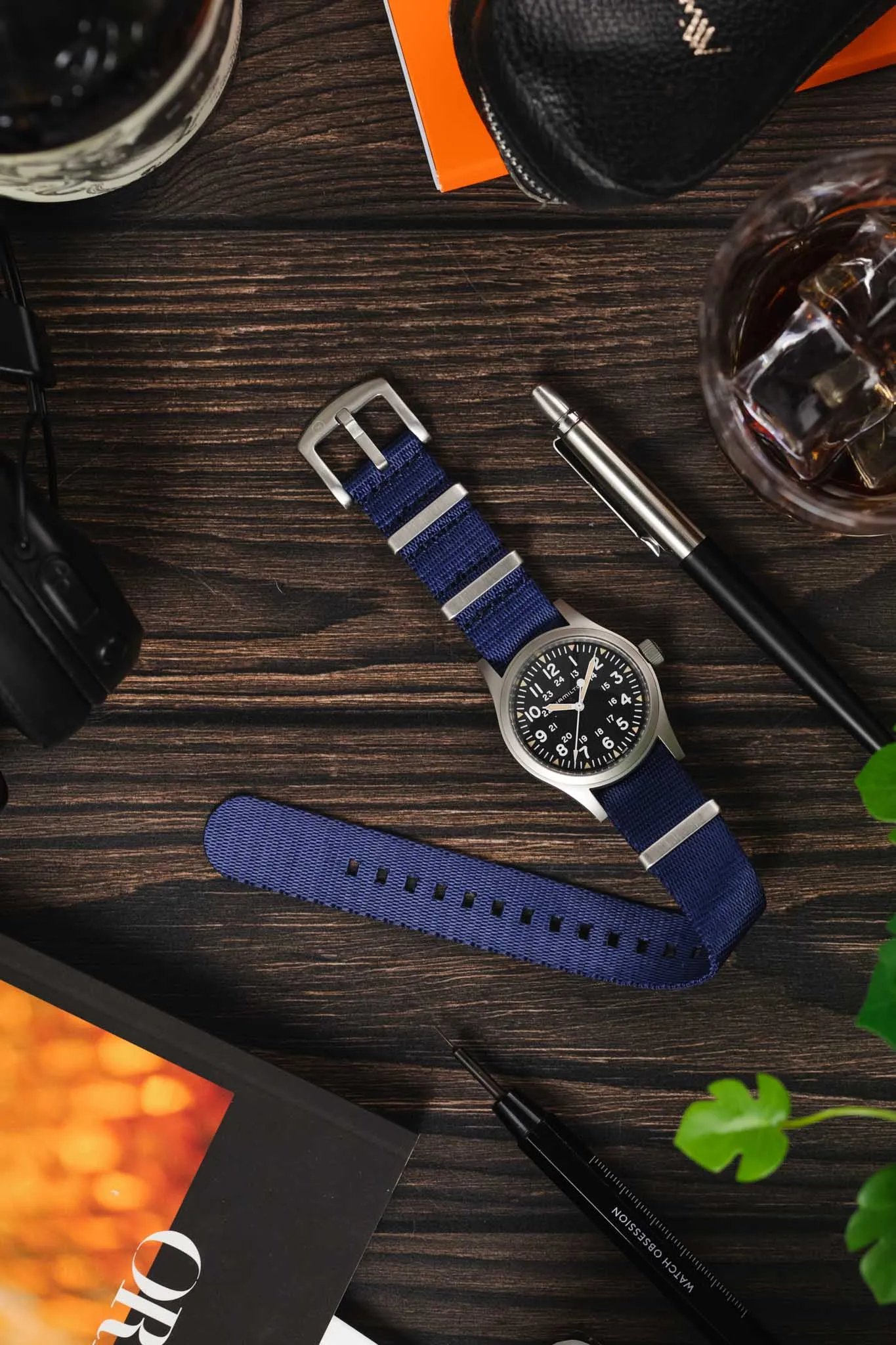 Seatbelt Nylon Watch Strap in DARK BLUE with BRUSHED STEEL Hardware