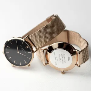 Stunning Rose Gold Mesh Strapped Watch With Black Dial Personalised