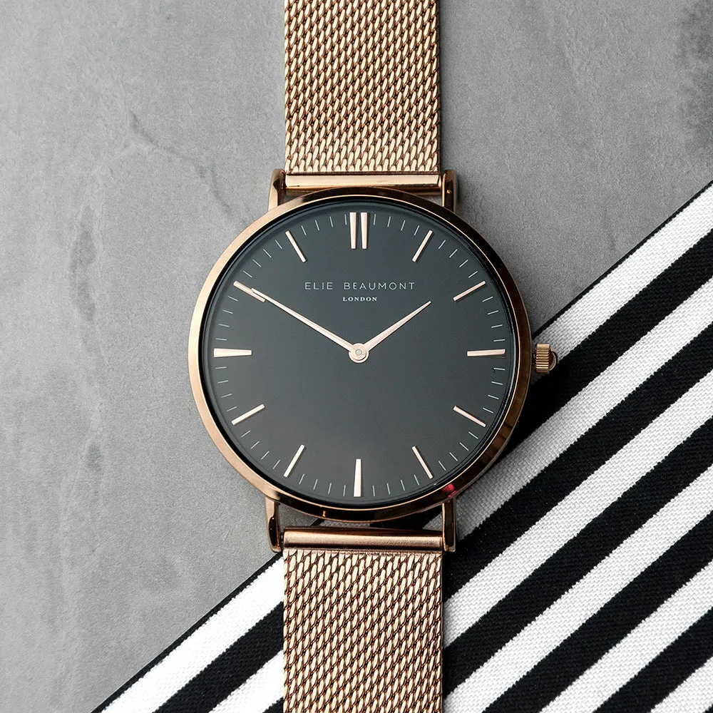 Stunning Rose Gold Mesh Strapped Watch With Black Dial Personalised