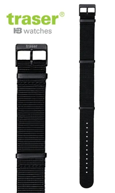 Traser Genuine OEM Nylon NATO Style Strap with Black Buckles, 22mm, Model T1-Black, 109421