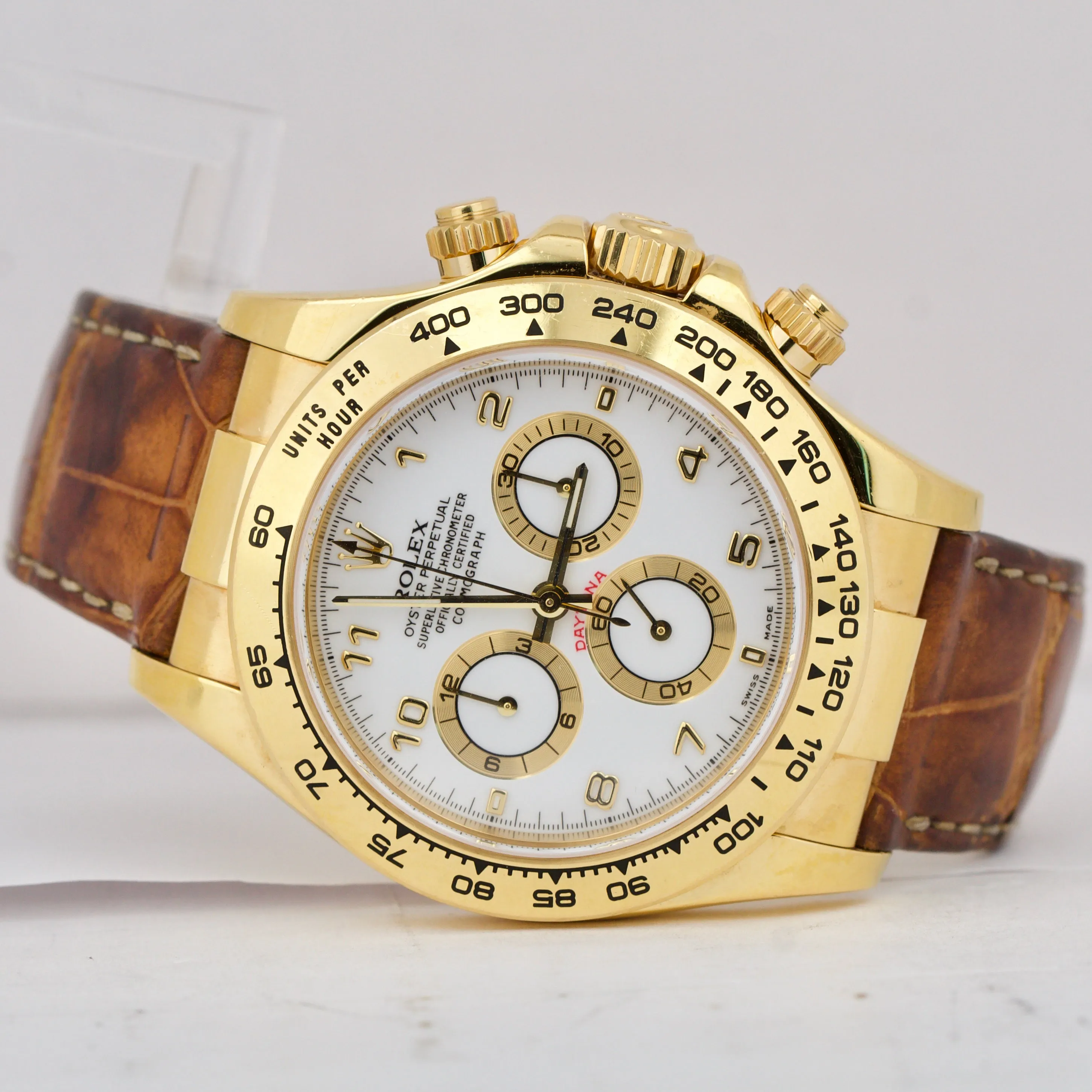 UNPOL. Rolex Daytona Cosmograph Gold WHITE Chronograph 40mm Leather 116518 B&P