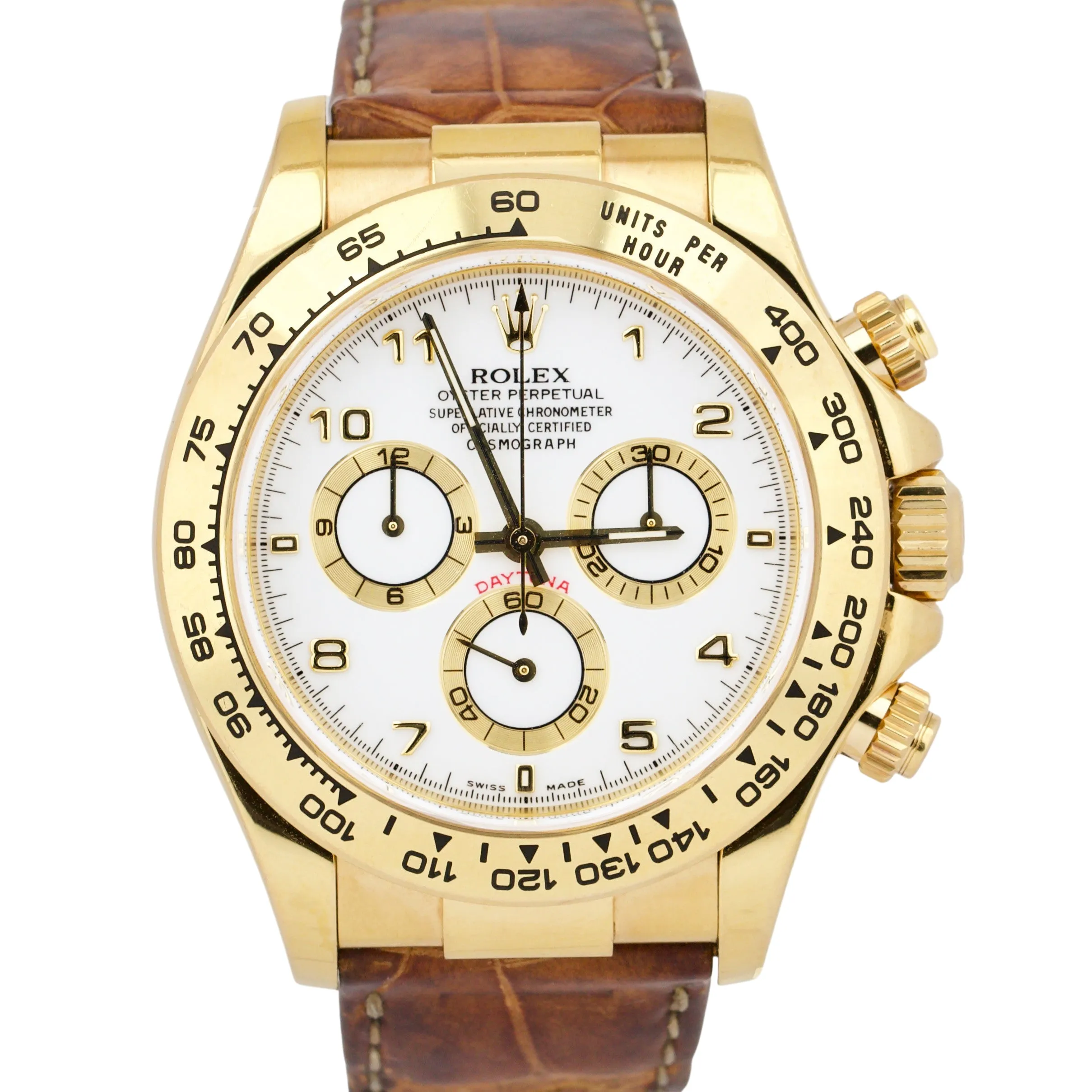 UNPOL. Rolex Daytona Cosmograph Gold WHITE Chronograph 40mm Leather 116518 B&P